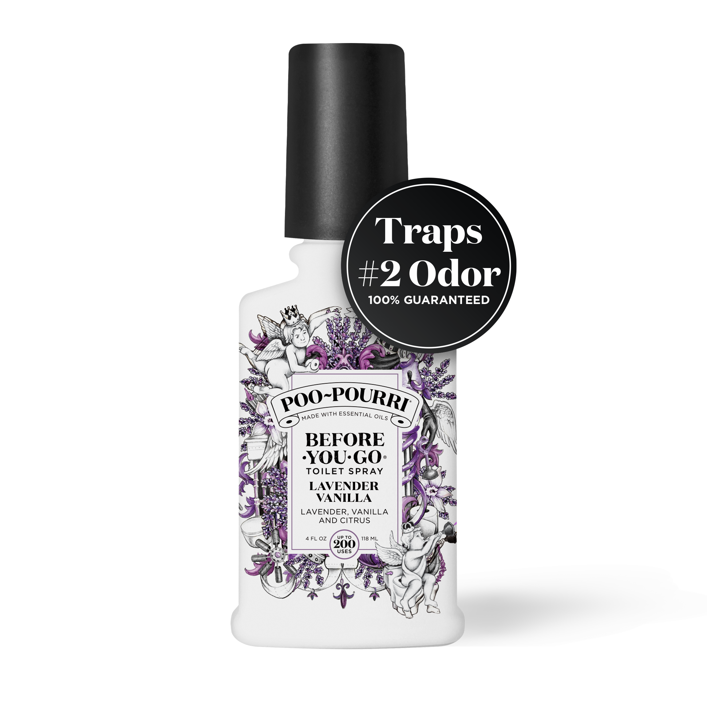 Poo-Pourri Before-You-Go Toilet Spray in Lavender Vanilla scent, featuring lavender, vanilla, and citrus, showcased with a black background and ‘Traps #2 Odor’ guarantee badge. The bottle contains 4 fl oz (118 ml) for up to 200 uses.