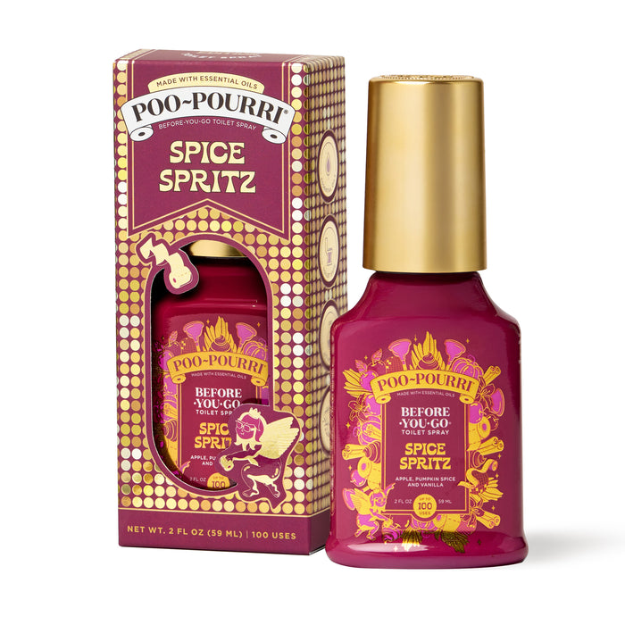 A ~Poo-Pourri “Before You Go” toilet spray in the Spice Spritz scent is displayed alongside its packaging against a white background. The bottle features an ornate label with cherubs, toilet paper, and fall elements. The packaging highlights key product benefits, including its ability to trap odors, the use of essential oils, and the absence of aerosols. The scent is described as a blend of apple, pumpkin spice, and vanilla. The bottle contains 2 fl oz (59 ml) for up to 100 uses.