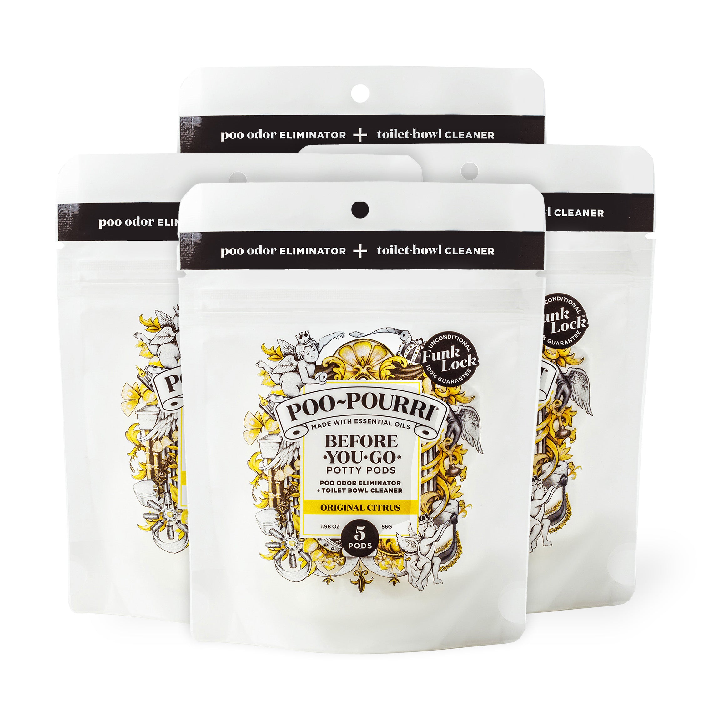 Four packs of Potty Pods 5ct by ~Pourri come in a chic white package with an ornate design and the refreshing Original Citrus scent, perfect for eliminating odor and adding elegance to your bathroom routine.