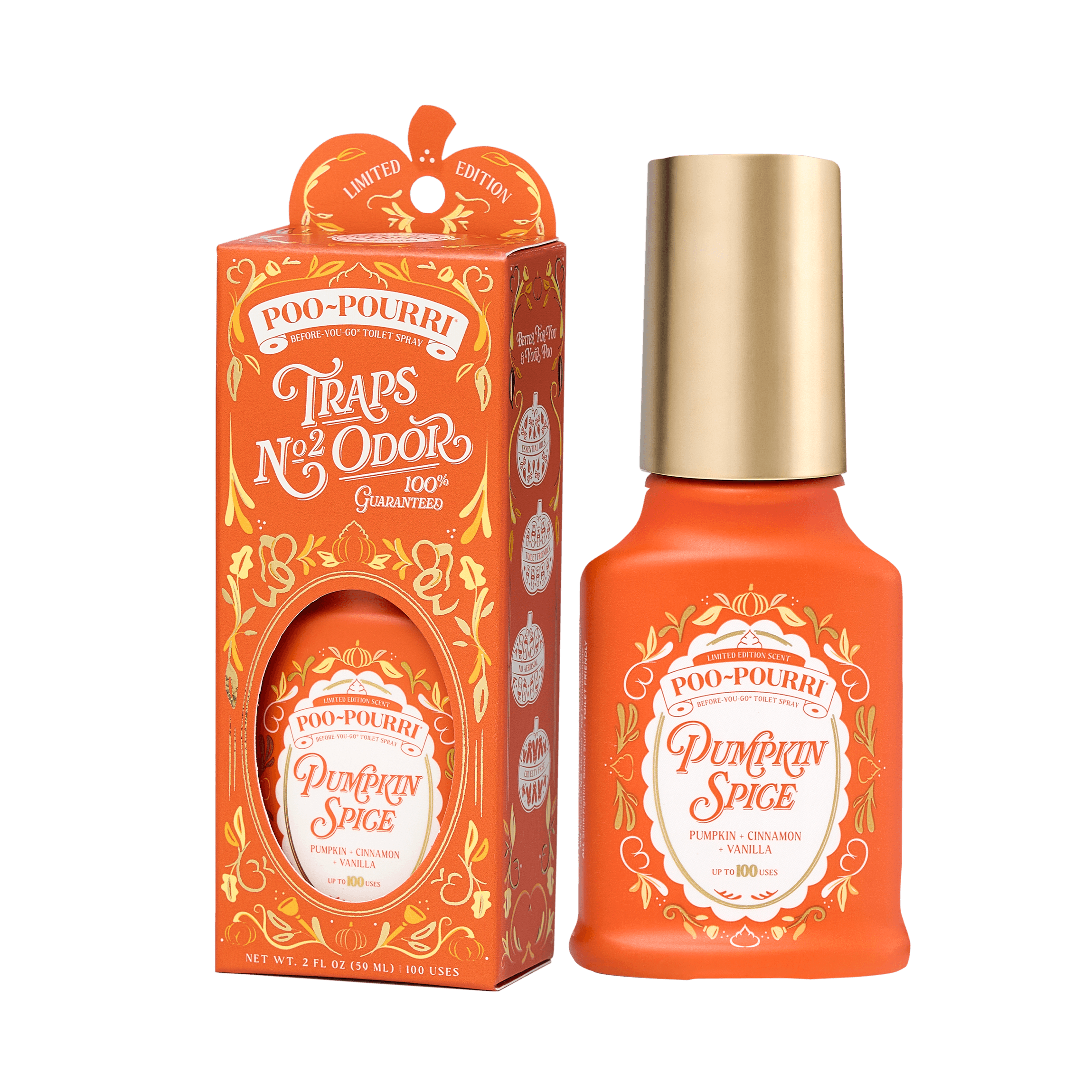 ~Poo-Pourri “Before You Go” toilet spray in the Pumpkin Spice scent is displayed alongside its packaging against a white background. The bottle features an ornate label with pumpkins, and fall elements. The packaging highlights key product benefits, including its ability to trap odors, the use of essential oils, and the absence of aerosols. The scent is described as a blend of pumpkin, cinnamon, and vanilla. The bottle contains 2 fl oz (59 ml) for up to 100 uses.