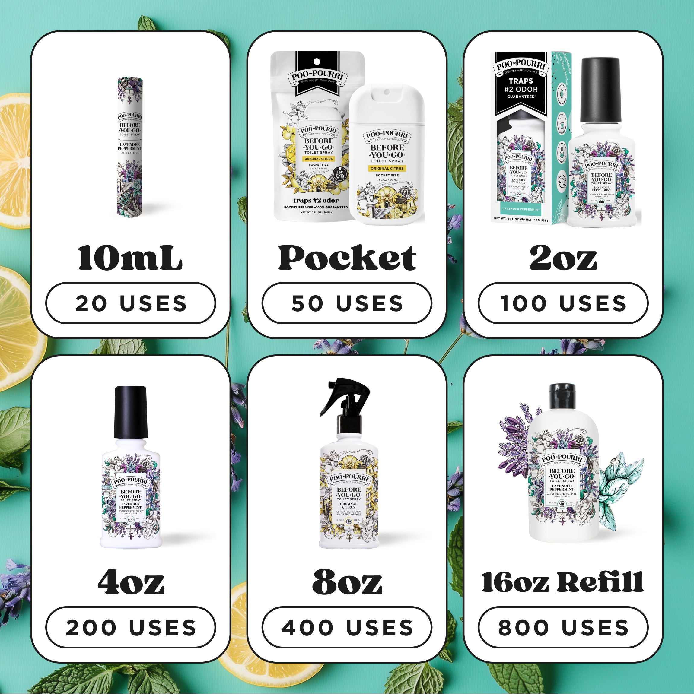 Sizes & amount of uses: 10ml (20 uses), Pocket (50 uses), 2oz (100 uses), 4oz (200 uses), 8oz (400 uses), 16oz refill (800 uses).
