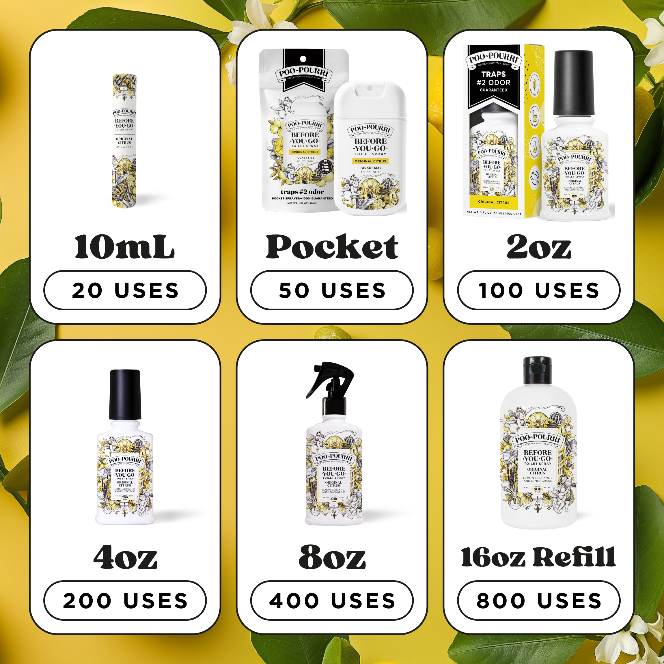 Sizes & amount of uses: 10ml (20 uses), Pocket (50 uses), 2oz (100 uses), 4oz (200 uses), 8oz (400 uses), 16oz refill (800 uses).
