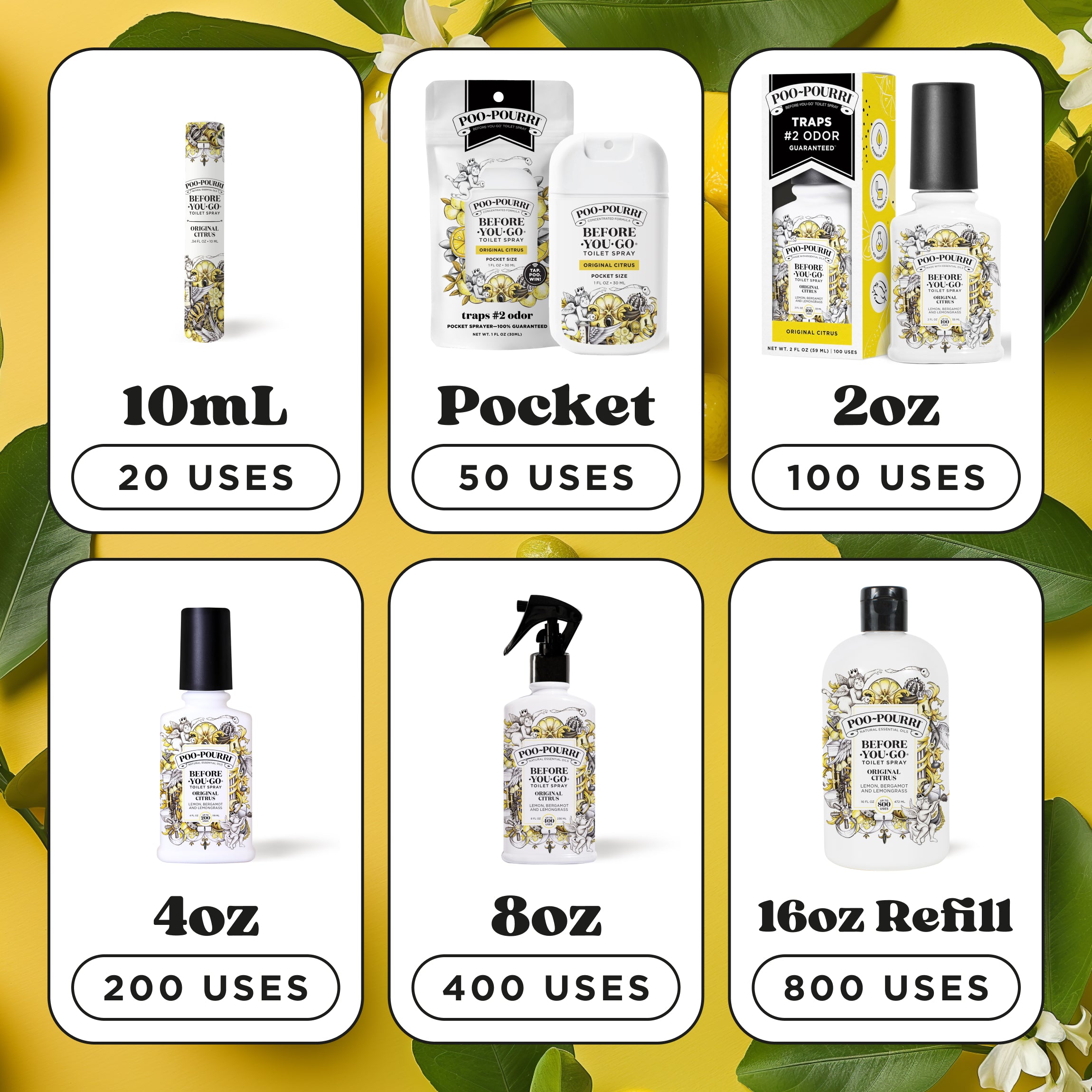 Sizes & amount of uses: 10ml (20 uses), Pocket (50 uses), 2oz (100 uses), 4oz (200 uses), 8oz (400 uses), 16oz refill (800 uses).