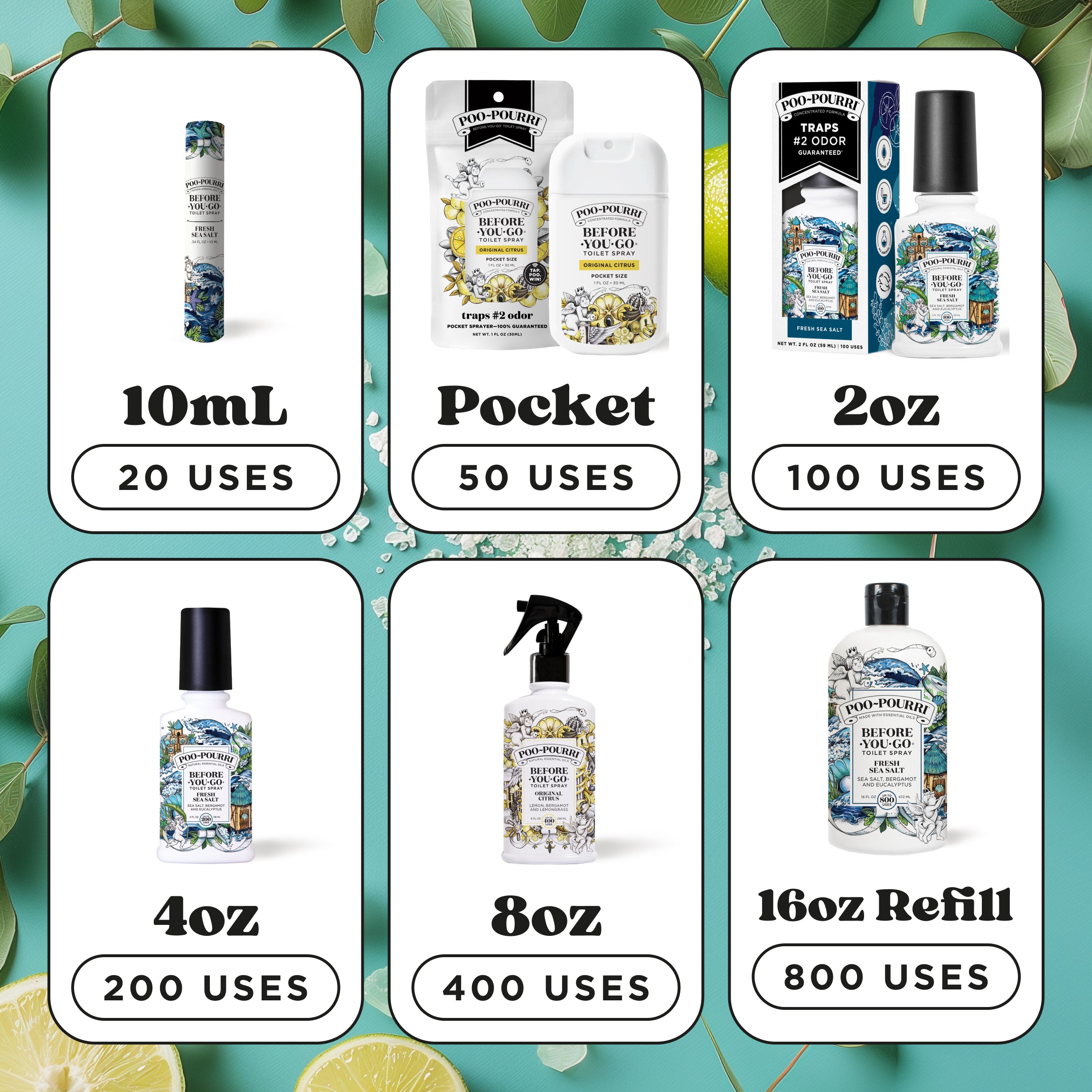 Sizes & amount of uses: 10ml (20 uses), Pocket (50 uses), 2oz (100 uses), 4oz (200 uses), 8oz (400 uses), 16oz refill (800 uses).