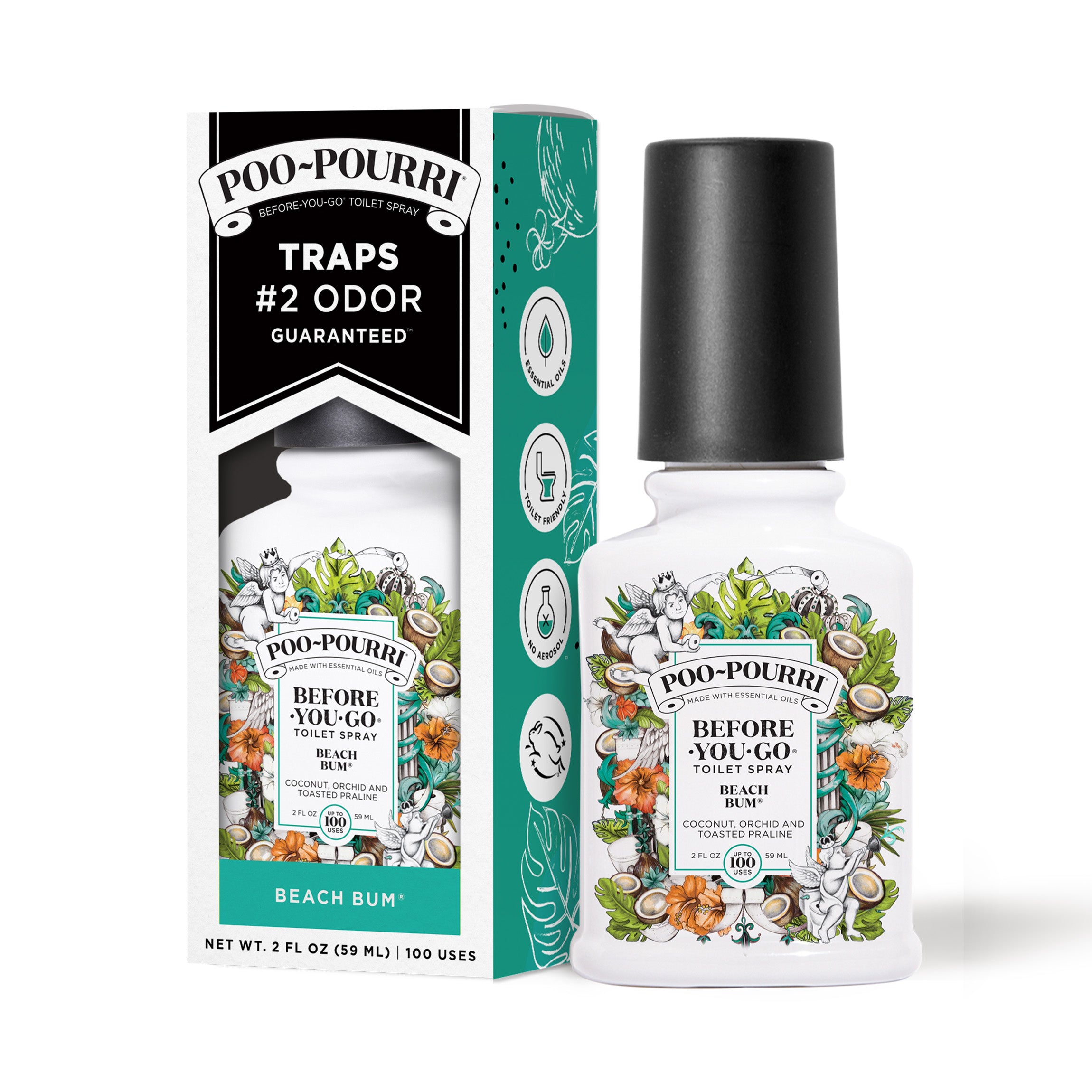 A ~Poo-Pourri “Before You Go” toilet spray in the Original Citrus scent is displayed alongside its packaging against a white background. The bottle features an ornate label with cherubs, toilet paper, and coconut elements. The packaging highlights key product benefits, including its ability to trap odors, the use of essential oils, and the absence of aerosols. The scent is described as a blend of coconut, orchid, and toasted praline. The bottle contains 2 fl oz (59 ml) for up to 100 uses.