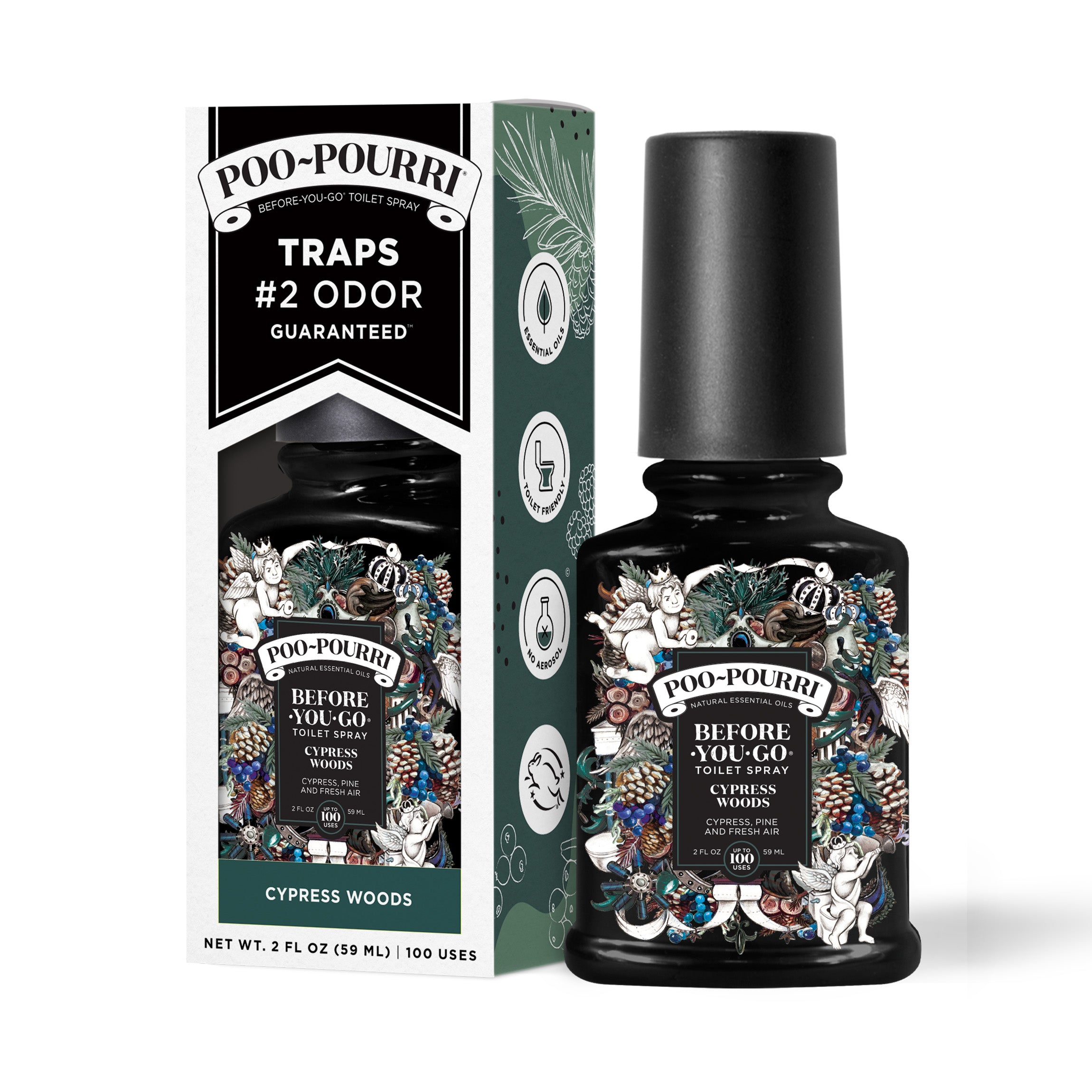 A ~Poo-Pourri “Before You Go” toilet spray in the Cypress woods scent is displayed alongside its packaging against a white background. The bottle features an ornate label with cherubs, toilet paper, and woody elements. The packaging highlights key product benefits, including its ability to trap odors, the use of essential oils, and the absence of aerosols. The scent is described as a blend of cypress, pine, and fresh air. The bottle contains 2 fl oz (59 ml) for up to 100 uses.