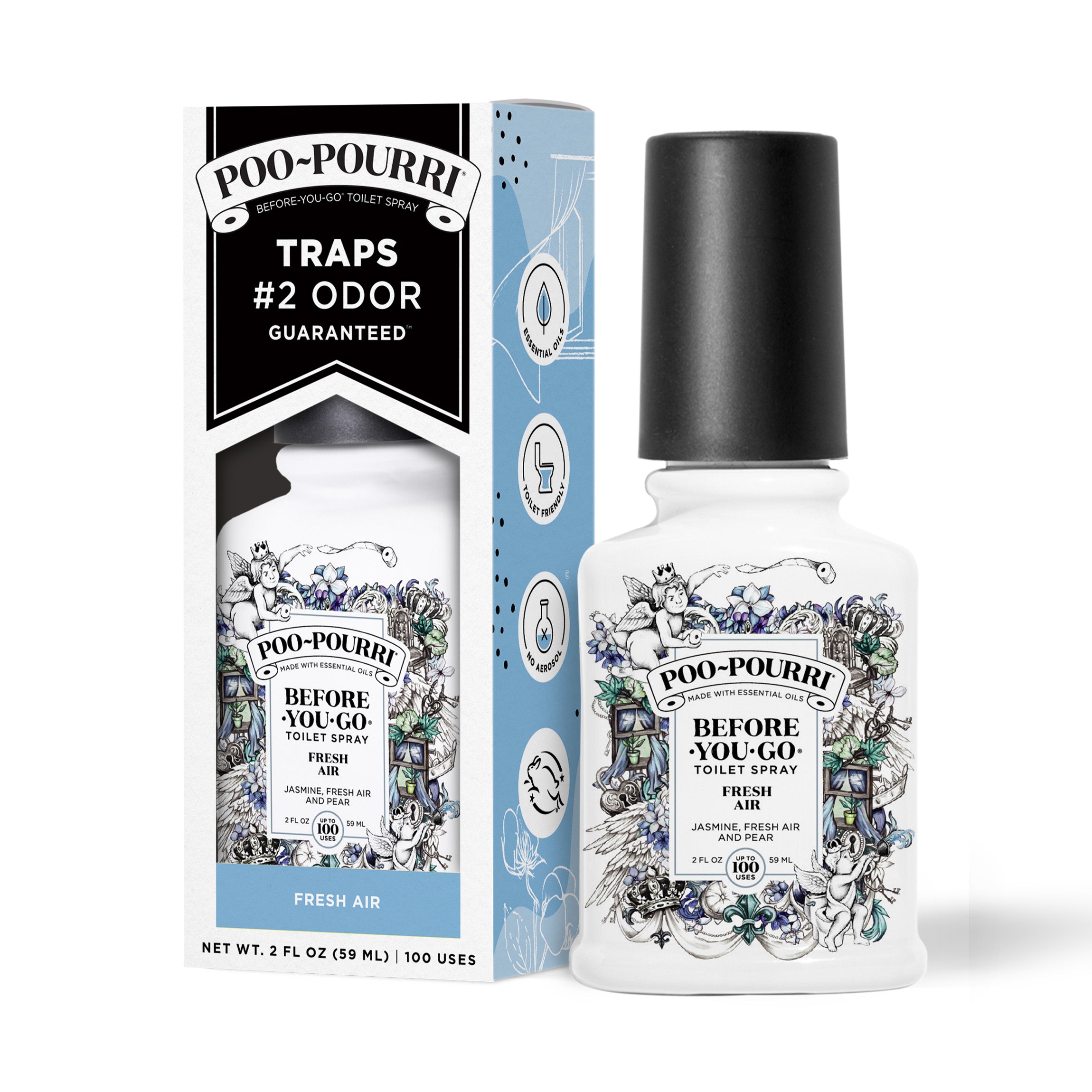 A ~Poo-Pourri “Before You Go” toilet spray in the Fresh Air scent is displayed alongside its packaging against a white background. The bottle features an ornate label with cherubs, toilet paper, and opened windows. The packaging highlights key product benefits, including its ability to trap odors, the use of essential oils, and the absence of aerosols. The scent is described as a blend of jasmine, fresh air and pear. The bottle contains 2 fl oz (59 ml) for up to 100 uses.