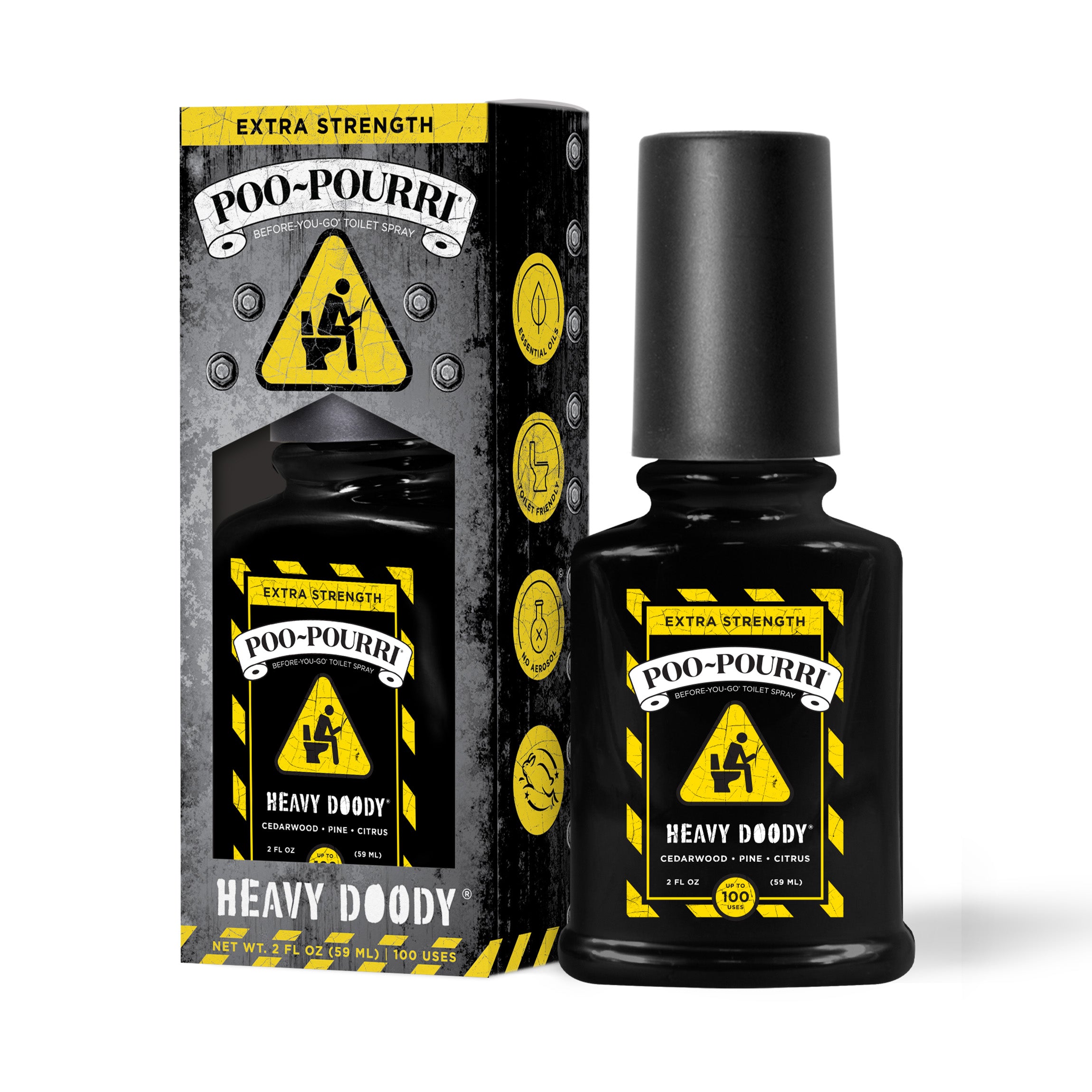 A ~Poo-Pourri “Before You Go” toilet spray in the Heavy Doody scent is displayed alongside its packaging against a white background. The bottle features a yellow caution pattern, and yellow triangle sign featuring a stickman sitting on a toilet. The packaging highlights key product benefits, including its ability to trap odors, the use of essential oils, and the absence of aerosols. The scent is described as a blend of cedarwood, pine, and citrus. The bottle contains 2 fl oz (59 ml) for up to 100 uses.