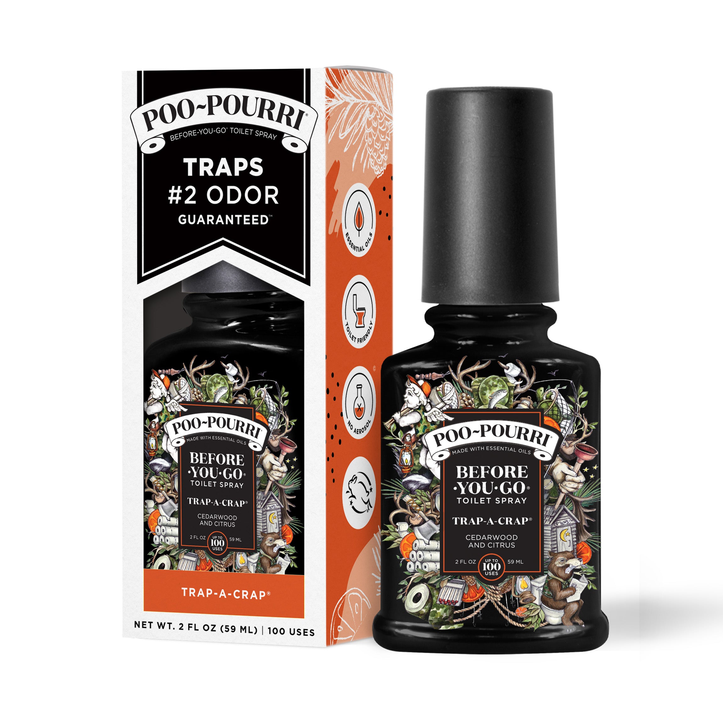 A ~Poo-Pourri “Before You Go” toilet spray in the Trap-A-Crap scent is displayed alongside its packaging against a white background. The bottle features an ornate label with cherubs, toilet paper, and camping elements. The packaging highlights key product benefits, including its ability to trap odors, the use of essential oils, and the absence of aerosols. The scent is described as a blend of cedarwood, and citrus. The bottle contains 2 fl oz (59 ml) for up to 100 uses.