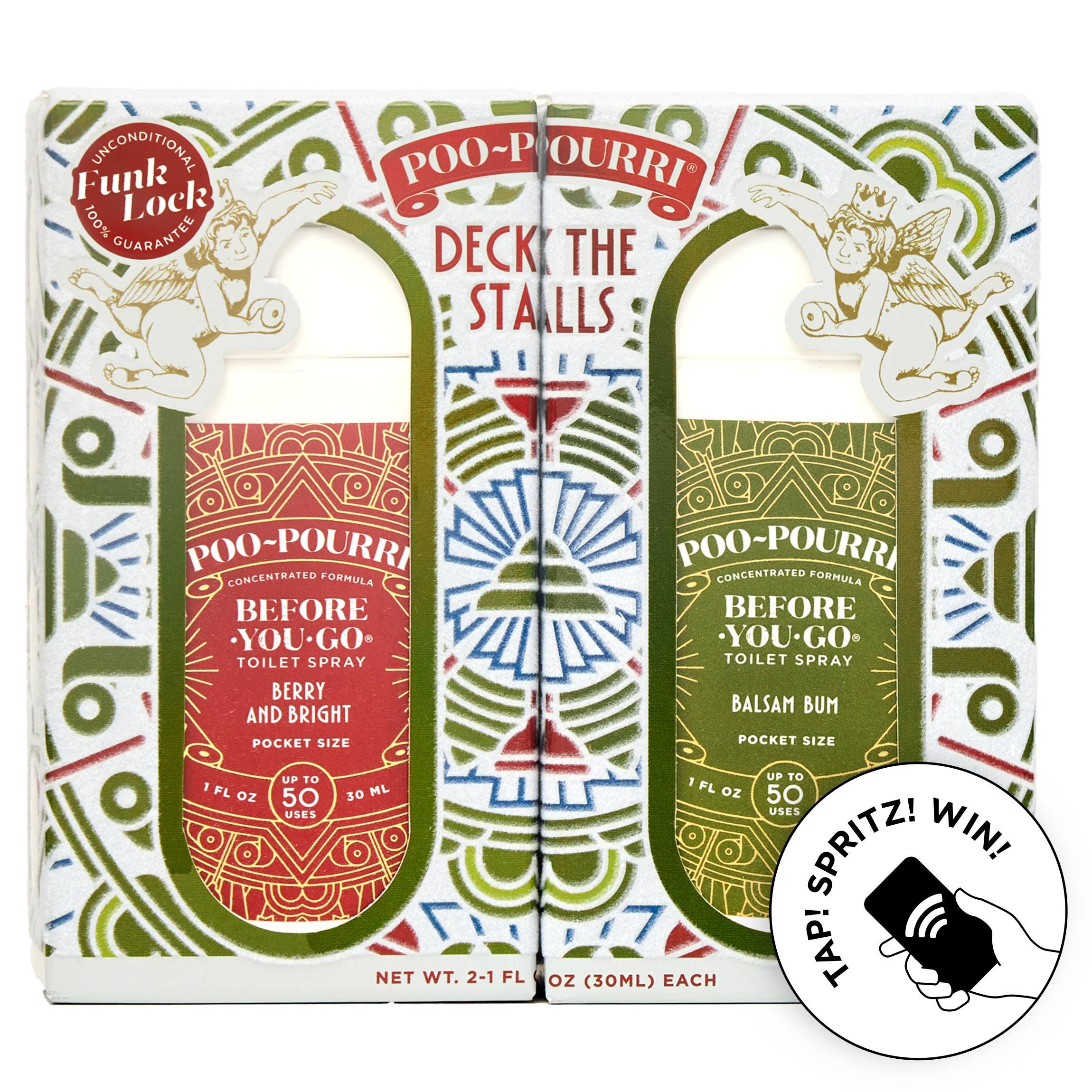 Two Poo-Pourri limited edition ‘Before You Go’ toilet sprays in colorful packaging. The left spray is labeled ‘Berry and Bright’  and the right is ‘Balsam Bum’. A ‘Funk Lock’ badge and ‘Tap! Spritz! Win!’ circle graphic are included.”