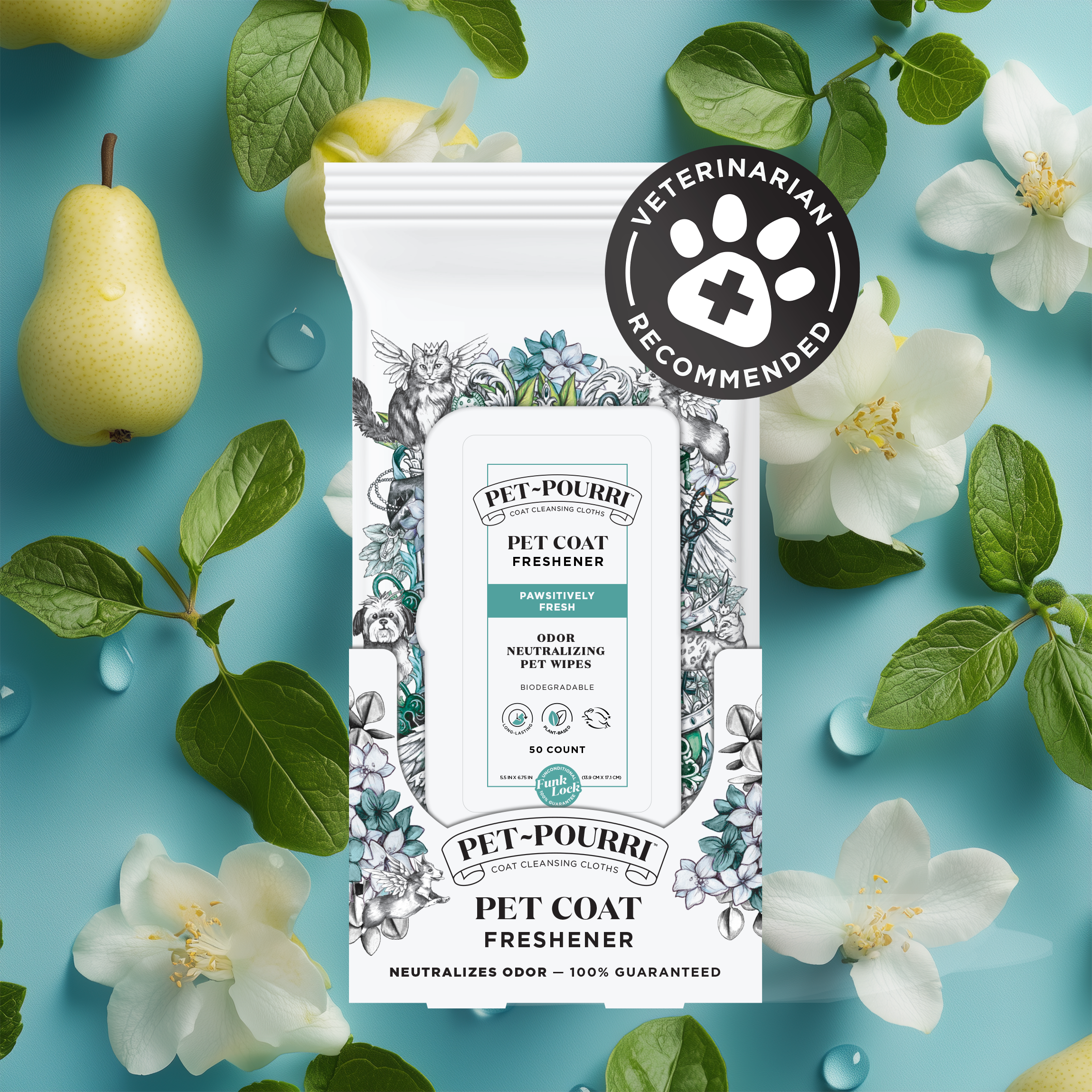 Pawsitively Fresh Wipes - Pet~Pourri by ~Pourri on a blue background with pears and white flowers. Infused with pet-safe essential oils, they feature a Fresh & Clean Formula to effectively freshen pet odors.