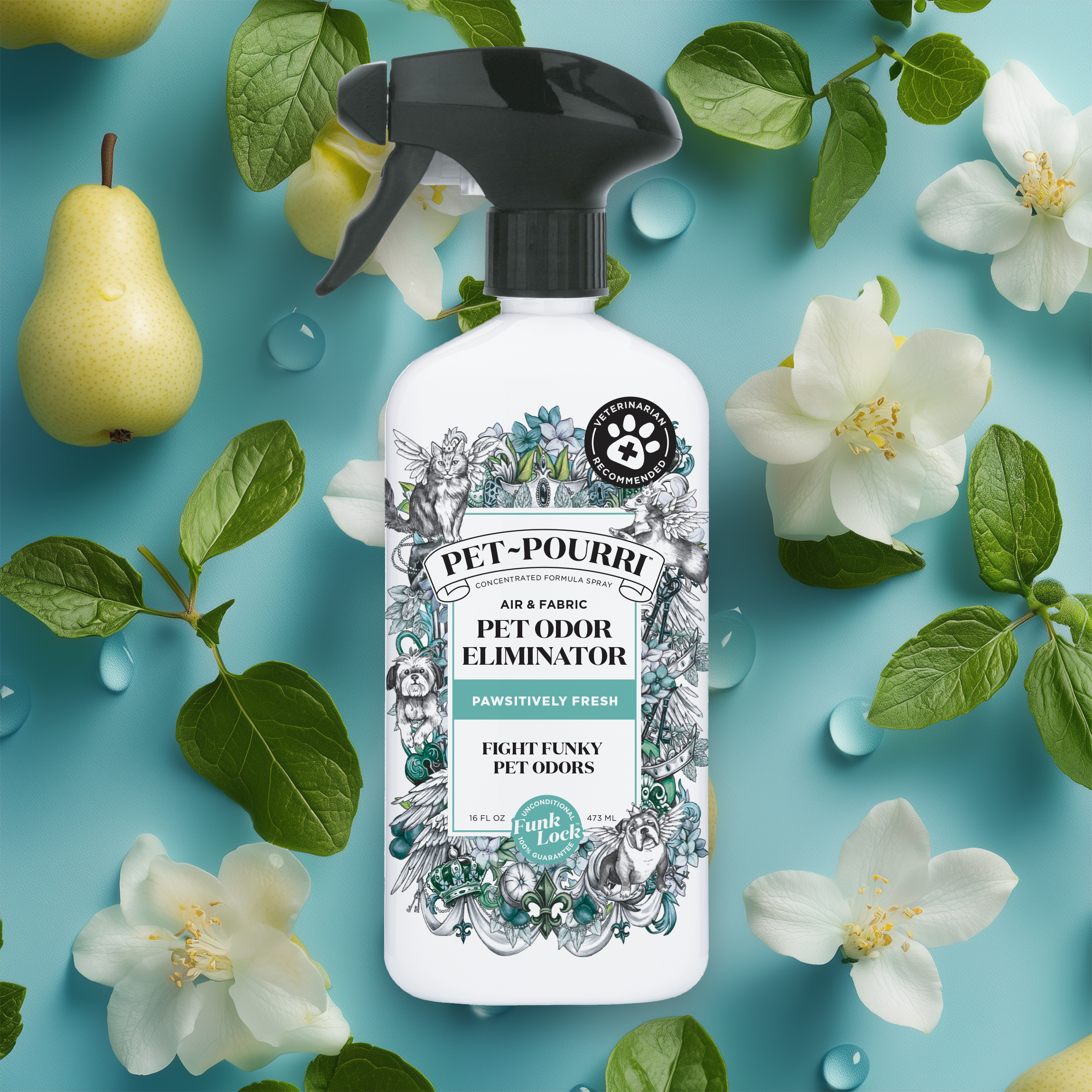 A Pawsitively Fresh - Pet~Pourri Room Spray bottle by ~Pourri rests on a blue surface, encircled by fragrant white flowers and lush pears, delivering a fresh ambiance through the essence of essential oils.