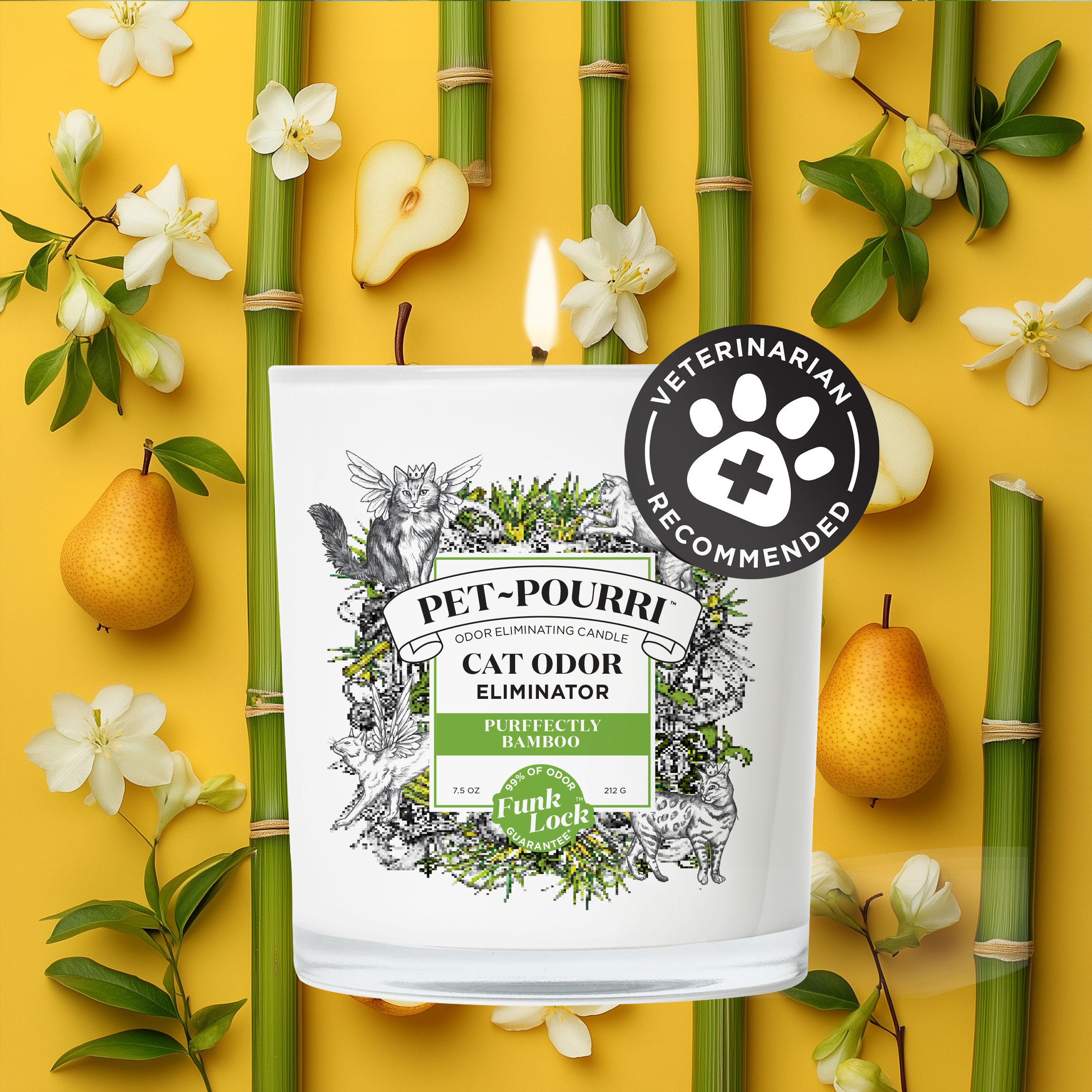The Purrfectly Bamboo Candle by ~Pourri features cute animals on its label with a leafy, bamboo, pear backdrop. Infused with pet-safe essential oils and Funk Lock Technology, it ensures a fresh and clean aroma throughout your home.