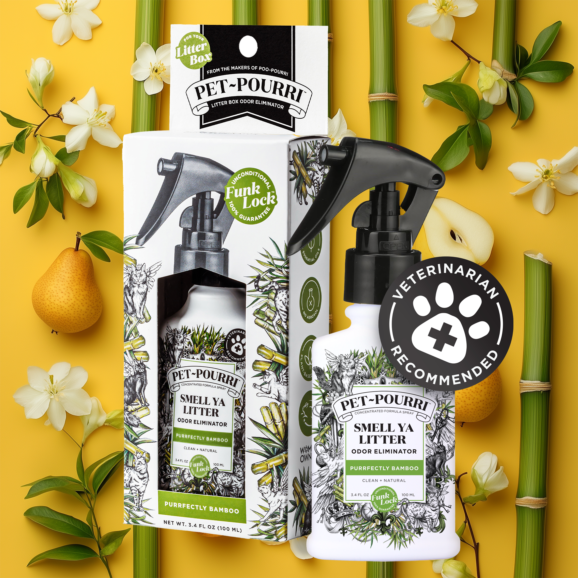 The Smell Ya Litter - Pet~Pourri litter box freshener instantly freshens cat odors. It sits amid white flowers, bamboo and pears on a yellow background, symbolizing its freshness.