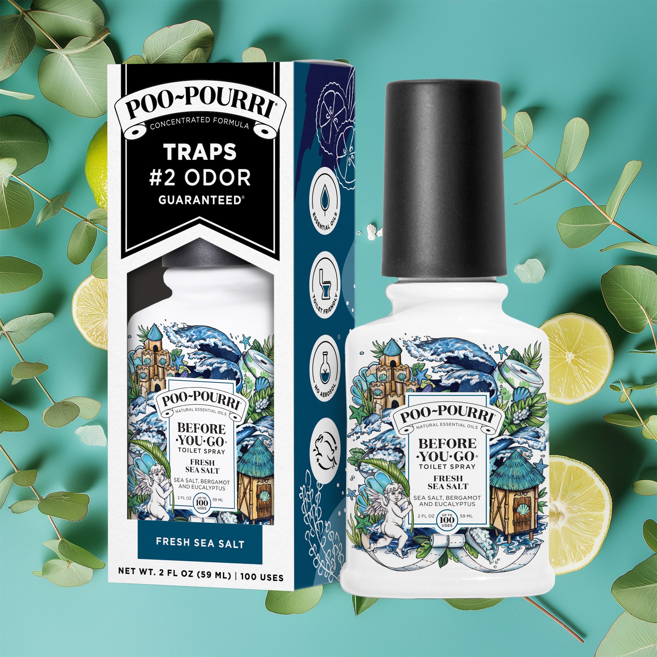 A ~Poo-Pourri “Before You Go” toilet spray in the Fresh Sea Salt scent is displayed alongside its packaging against a decorative light blue background, featuring lemons and bergamot. The bottle and box have an intricate design with cherubs, toilet paper, and beach elements. The packaging emphasizes the product’s ability to trap odors before they start, with key details such as “100 Uses,” “No Aerosols,” and “Essential Oils” visible.