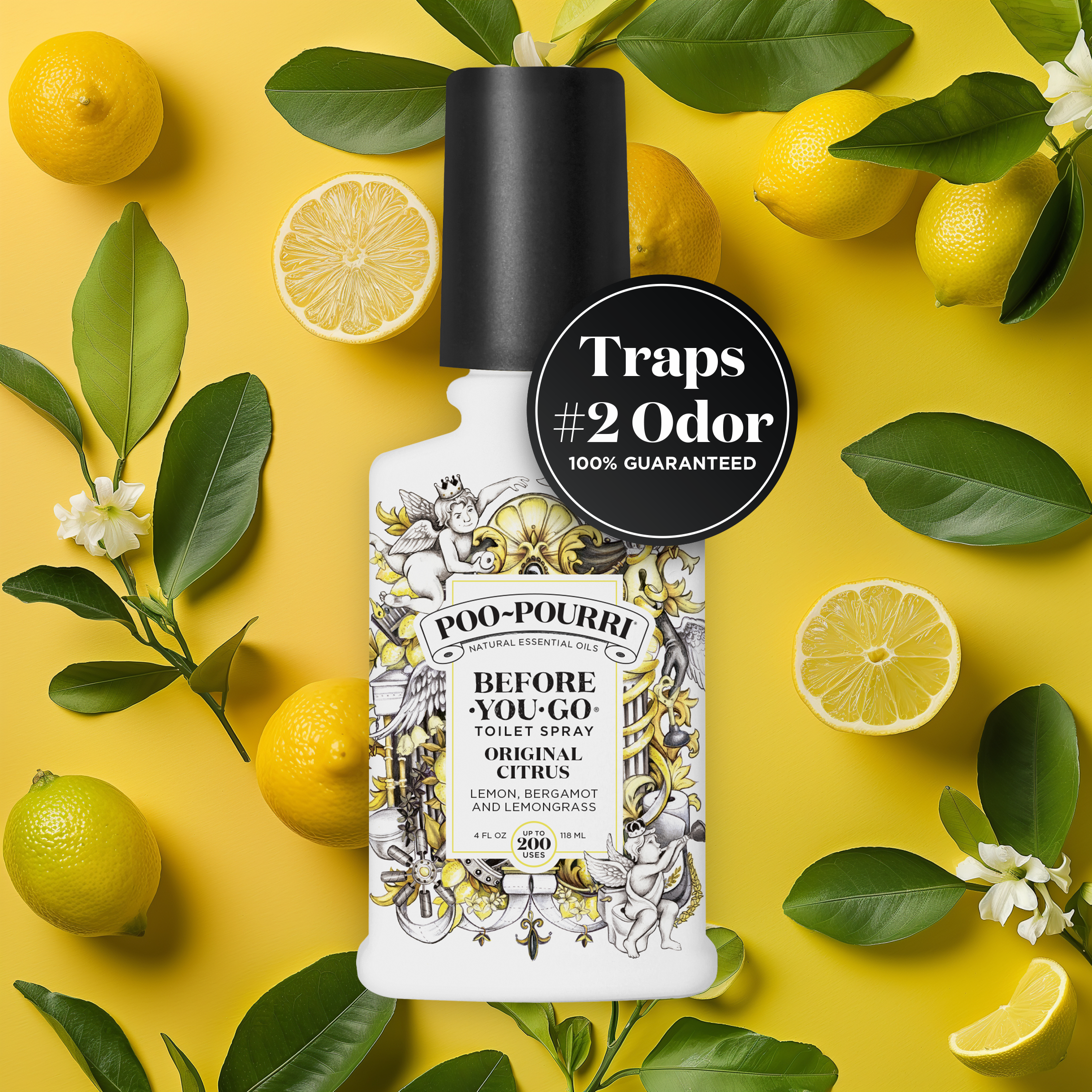 Poo-Pourri Before-You-Go Toilet Spray in Original Citrus scent, surrounded by fresh lemons and green leaves on a vibrant yellow background, highlighting natural essential oil ingredients and odor-trapping 100% guarantee.
