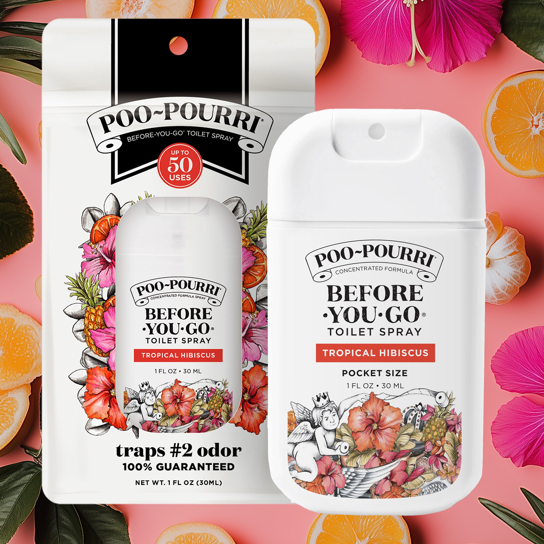 A Poo-Pourri Before-You-Go Toilet Spray in Tropical Hibiscus scent, displayed with vibrant background elements of fresh lemons and hibuscus. The white pocket-size bottle has black and orange label details, and the packaging behind it includes hibiscus, cherub, and toilet paper illustrations and product benefits.