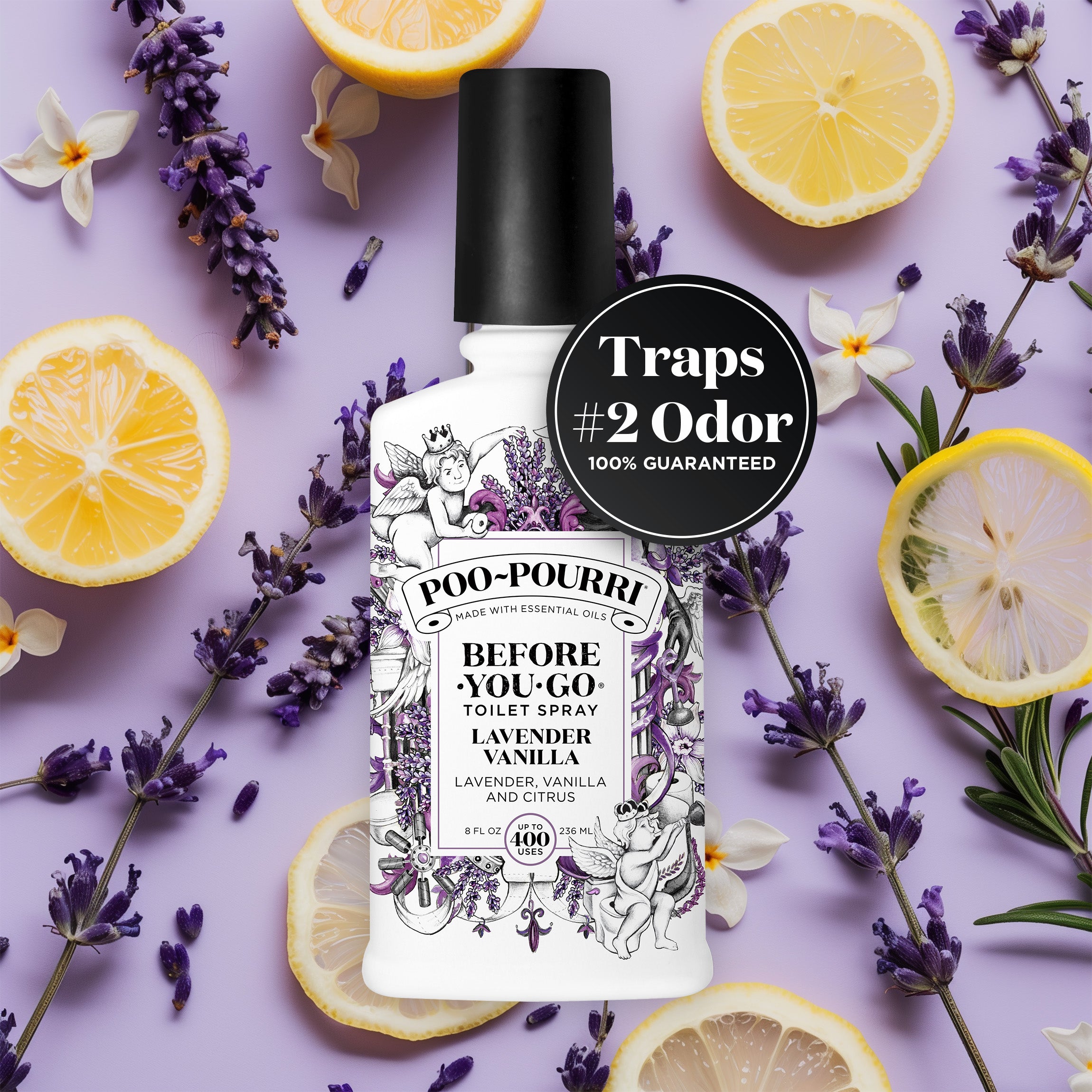 Poo-Pourri Before-You-Go Toilet Spray in Lavender Vanilla scent, surrounded by fresh lemons and lavender on a vibrant purple background, highlighting natural essential oil ingredients and odor-trapping 100% guarantee.