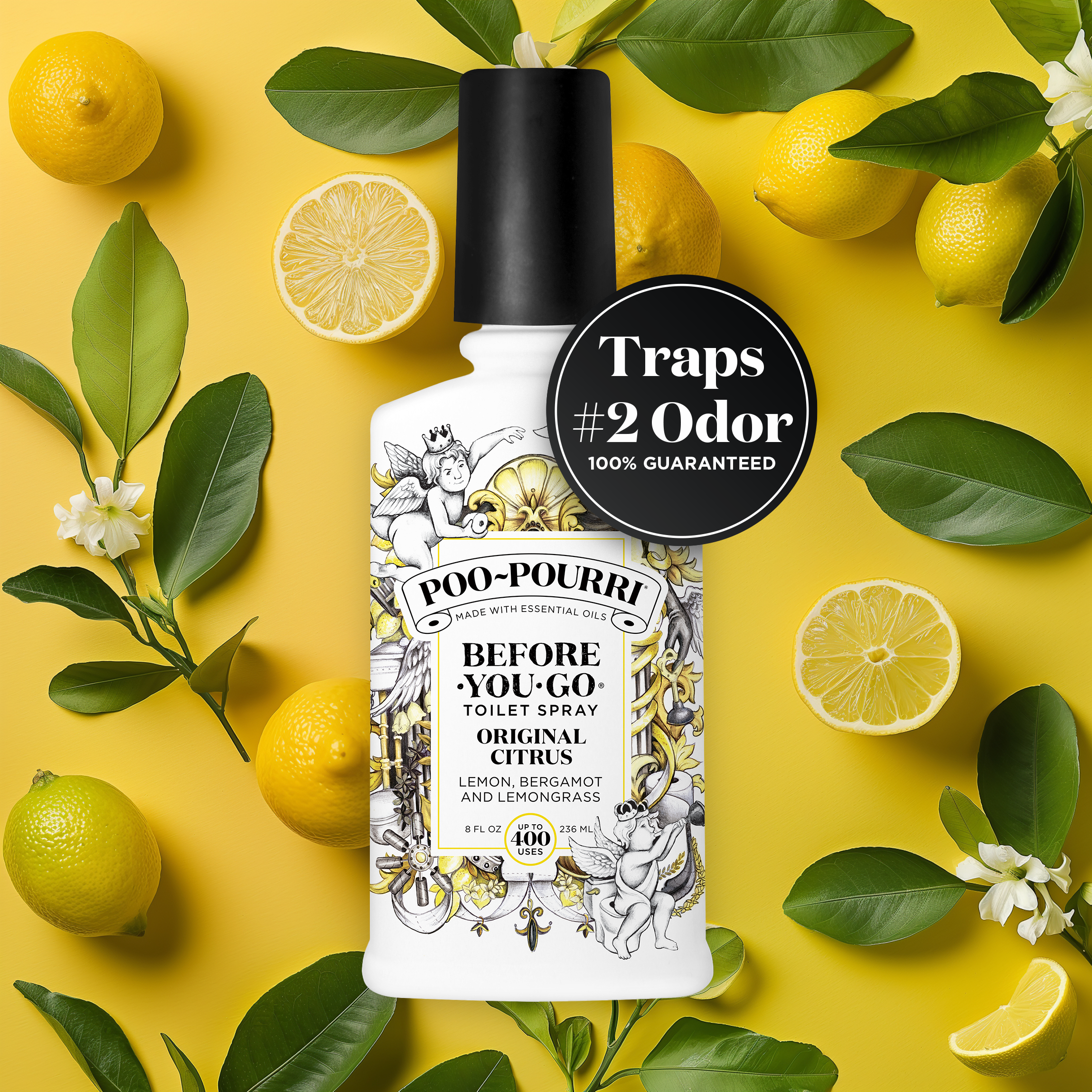 Poo-Pourri Before-You-Go Toilet Spray in Original Citrus scent, surrounded by fresh lemons and green leaves on a vibrant yellow background, highlighting natural essential oil ingredients and odor-trapping 100% guarantee.