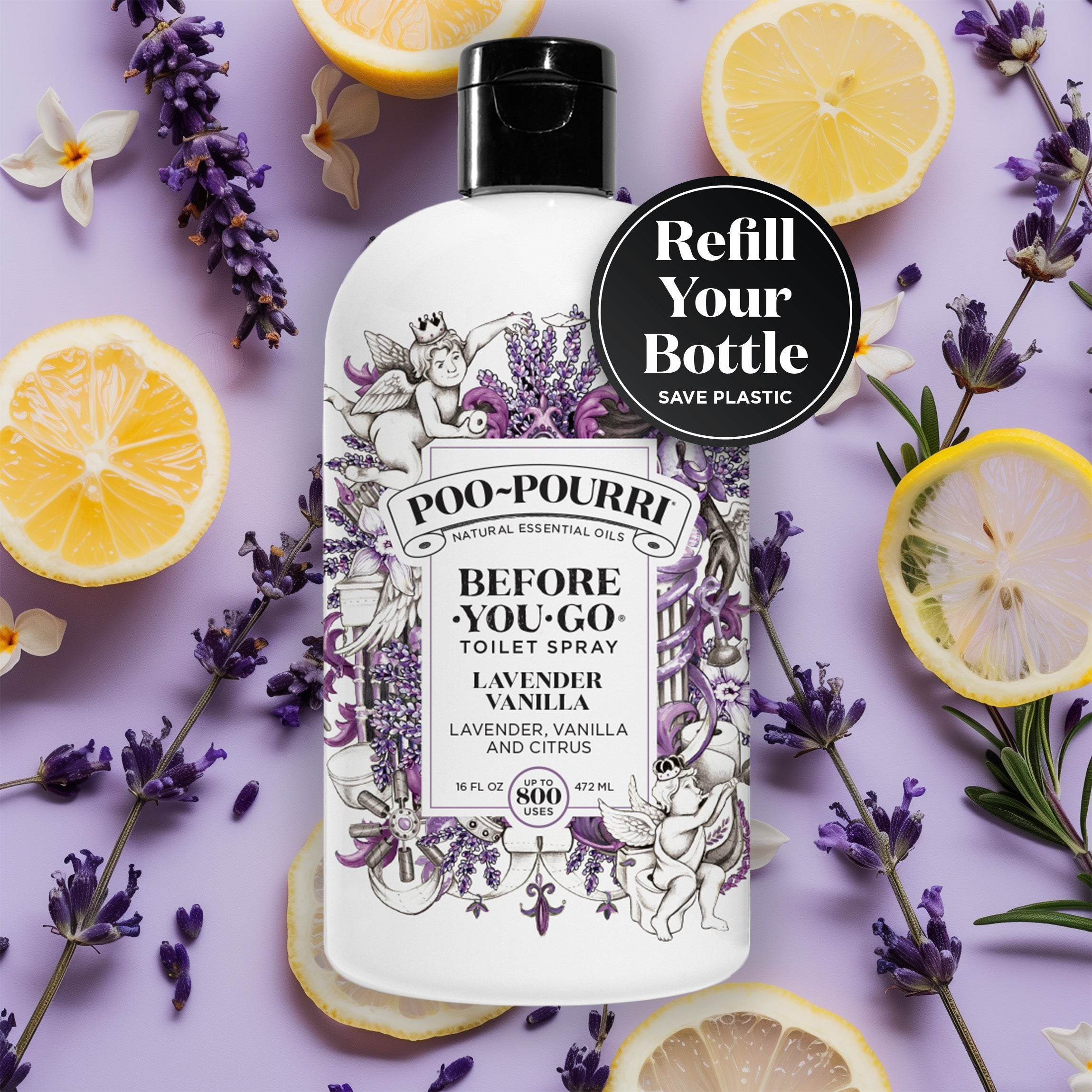 A refill bottle of ~Poo-Pourri “Before You Go” toilet spray in the Lavender Vanilla scent is displayed against a decorative purple background, featuring lemons and lavender. The bottle has an intricate design with cherubs, toilet paper, and lavender elements. The image emphasizes the product’s ability to refill your bottle save plastic.