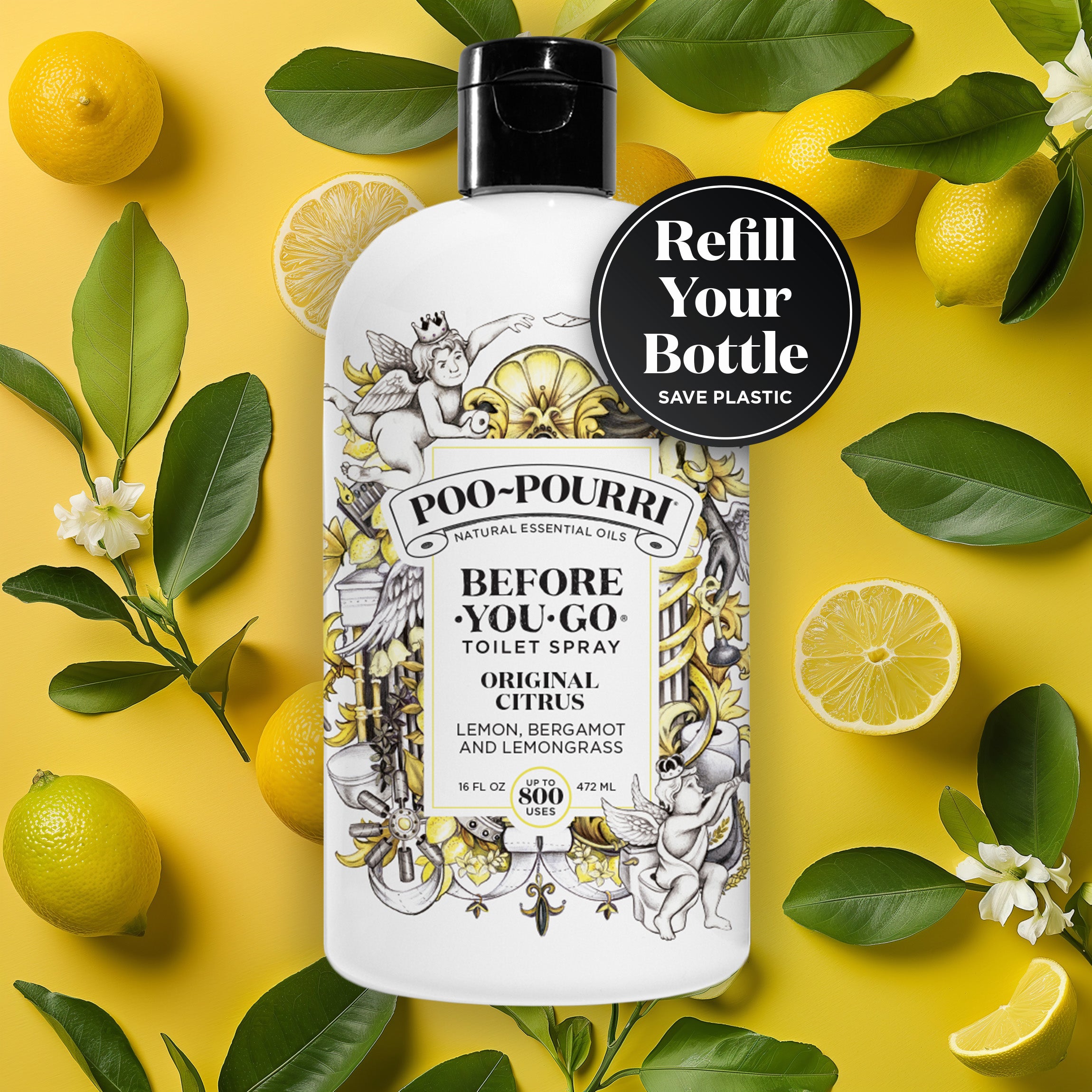 A refill bottle of ~Poo-Pourri “Before You Go” toilet spray in the Original Citrus scent is displayed against a decorative yellow background, featuring lemons and leaves. The bottle has an intricate design with cherubs, toilet paper, and citrus elements. The image emphasizes the product’s ability to refill your bottle save plastic.