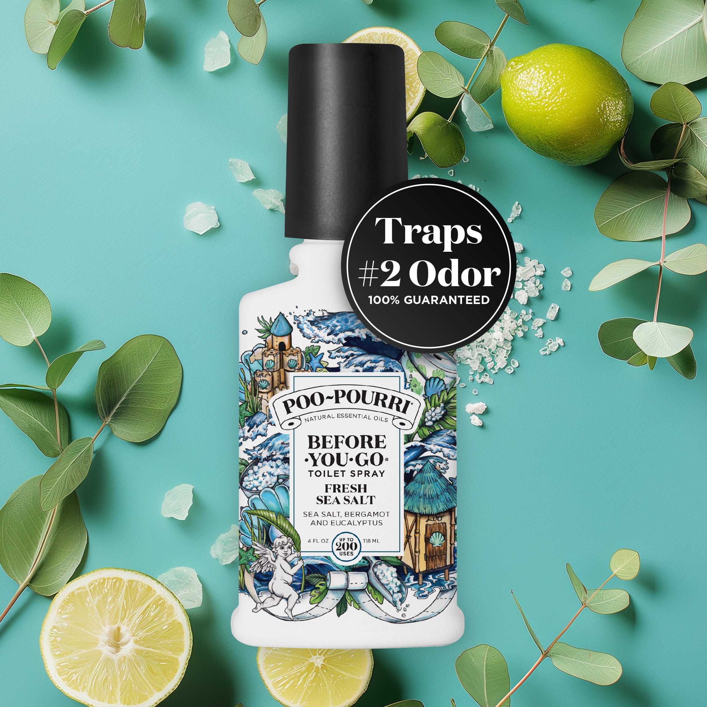 Poo-Pourri Before-You-Go Toilet Spray in Sea Salt scent, surrounded by fresh limes and bergamot leaves on a light blue background, highlighting natural essential oil ingredients and odor-trapping 100% guarantee.
