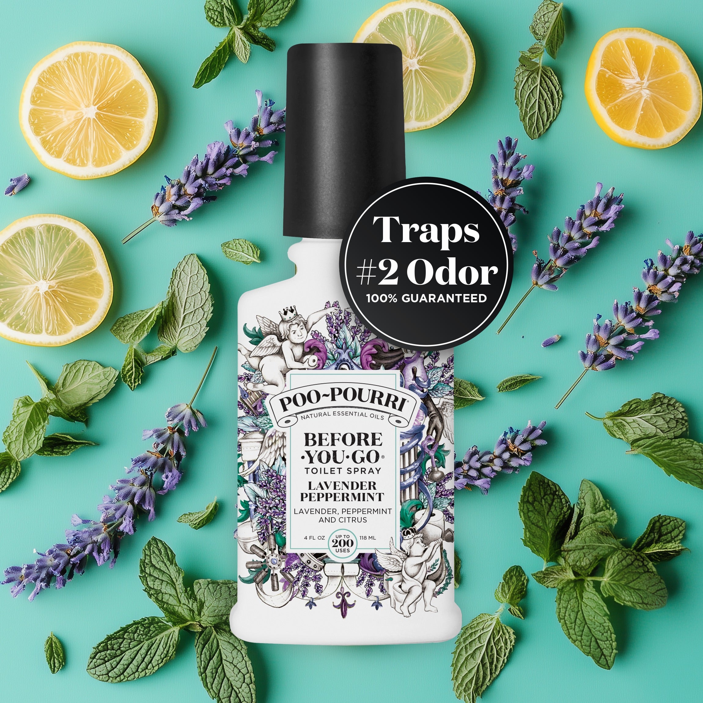 Poo-Pourri Before-You-Go Toilet Spray in Lavender Peppermint scent, surrounded by fresh lemons and lavender leaves on a vibrant cyan background, highlighting natural essential oil ingredients and odor-trapping 100% guarantee.