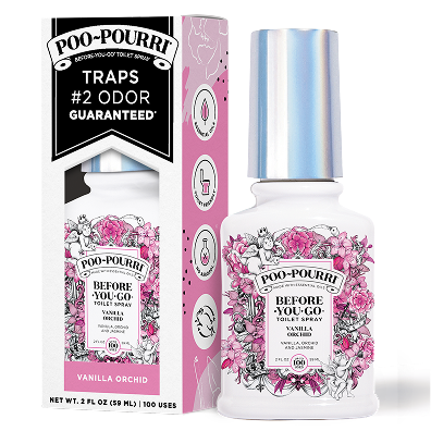 A ~Poo-Pourri Before You Go toilet spray in the Vanilla Orchid scent is displayed alongside its packaging against a white background. The bottle features an ornate label with cherubs, toilet paper, and pink flower elements. The packaging highlights key product benefits, including its ability to trap odors, the use of essential oils, and the absence of aerosols. The scent is described as a blend of vanilla, orchid, and jasmine. The bottle contains 2 fl oz (59 ml) for up to 100 uses.
