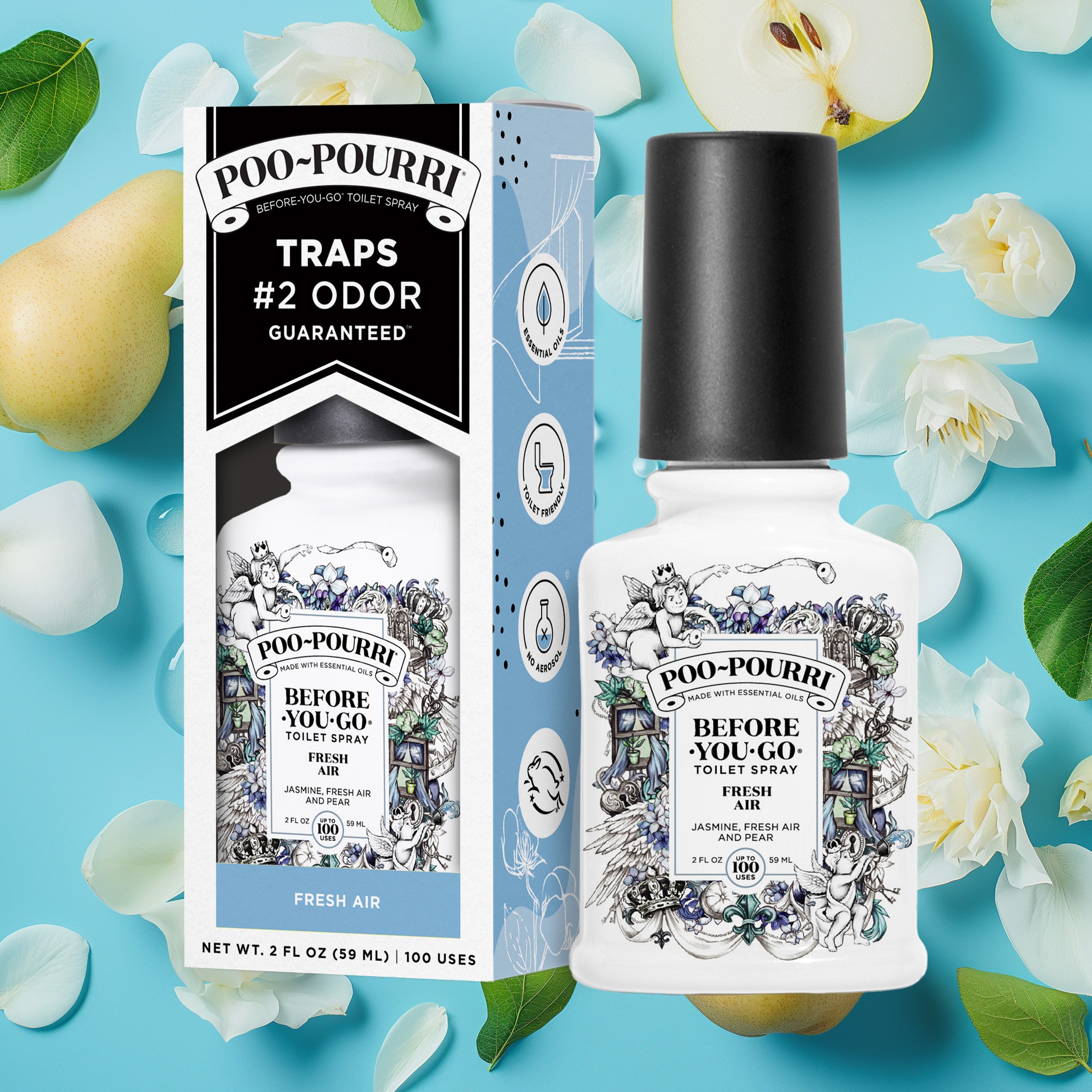 A ~Poo-Pourri “Before You Go” toilet spray in the Fresh Air scent is displayed alongside its packaging against a decorative light blue background, featuring pears and white flowers. The bottle and box have an intricate design with cherubs, toilet paper, and opened windows. The packaging emphasizes the product’s ability to trap odors before they start, with key details such as “100 Uses,” “No Aerosols,” and “Essential Oils” visible.