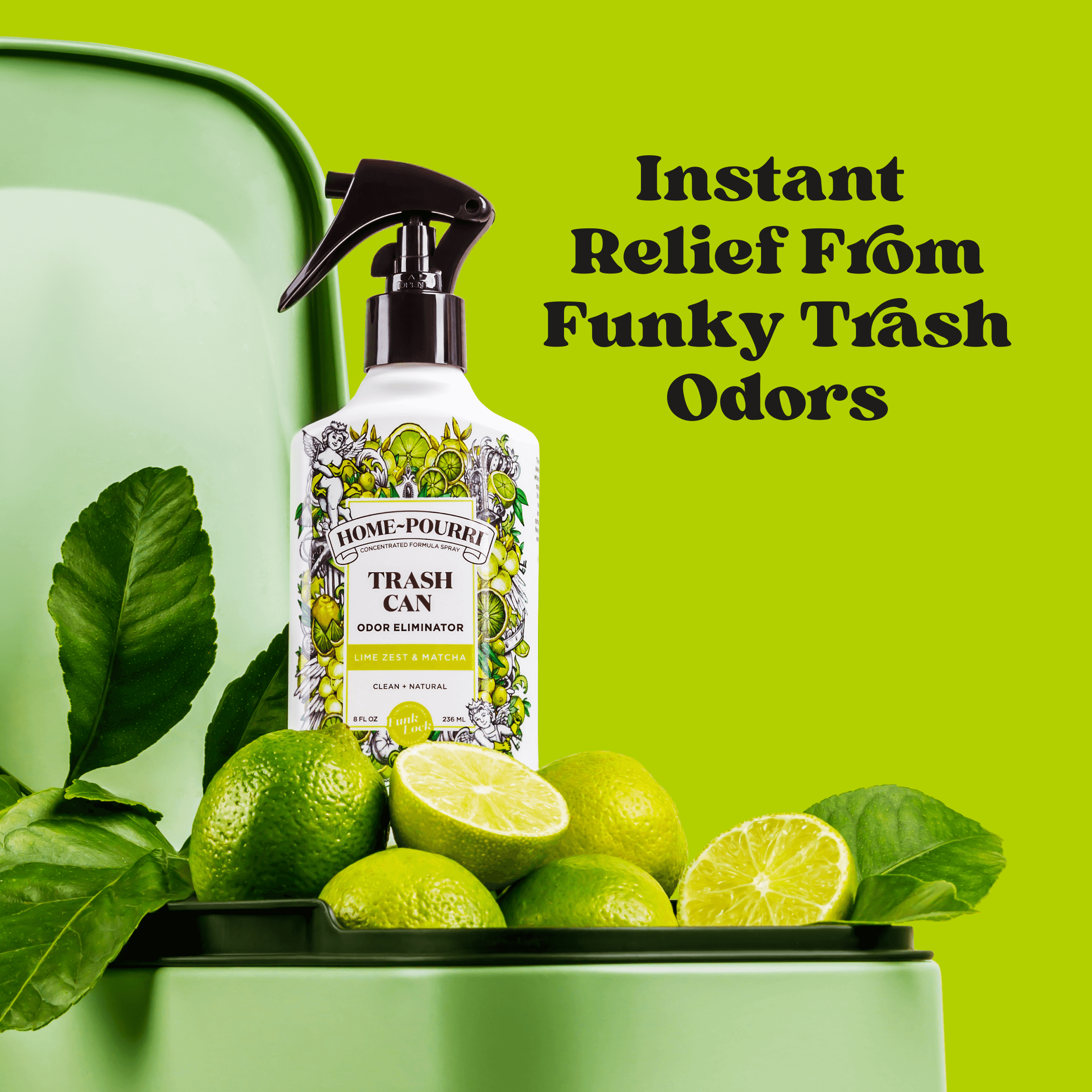 Home~Pourri Trash Can, Lime Zest & Matcha—lined up on a counter, offering instant relief from funky odors with clean, natural ingredients.