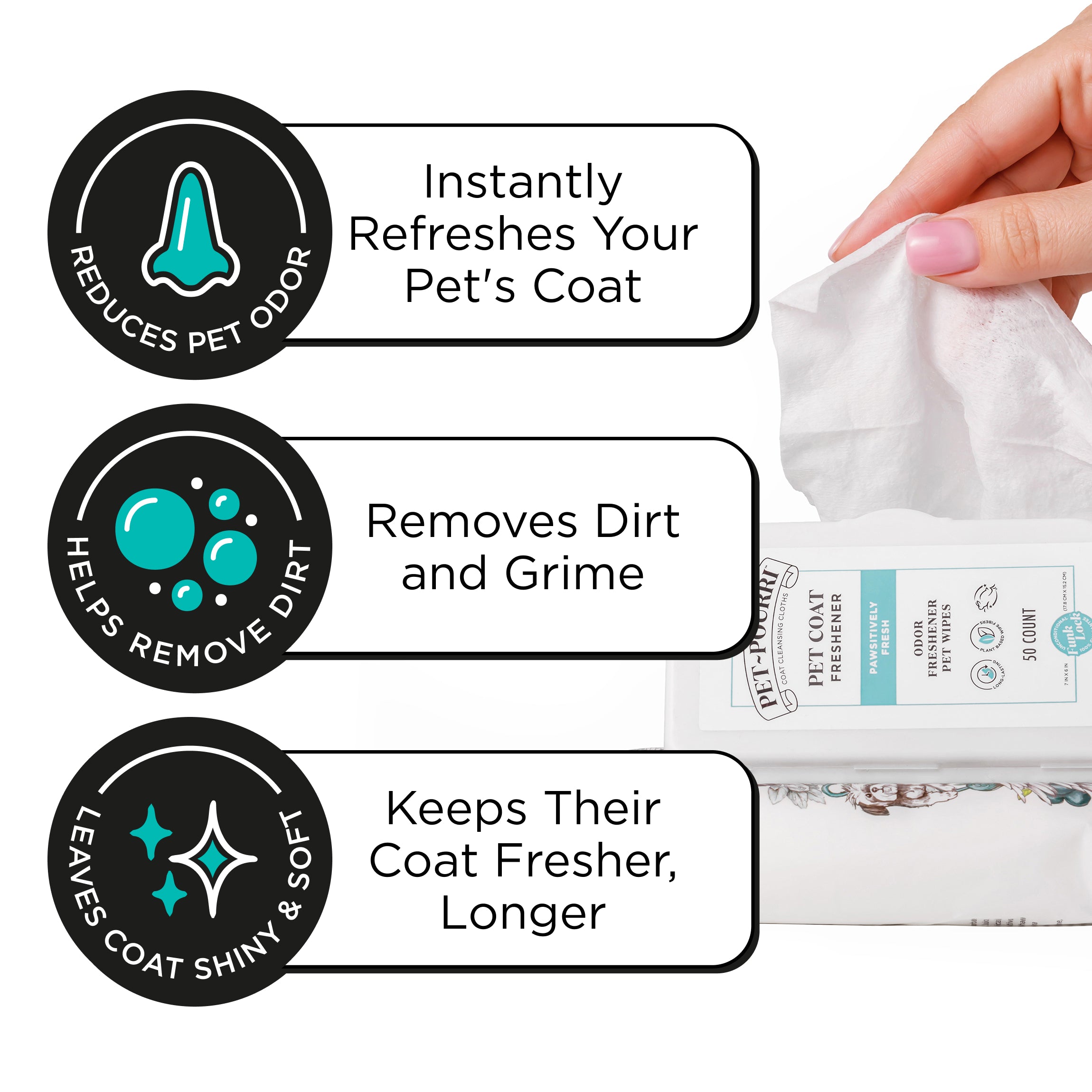 Instantly refreshes your pet's coat, removes dirt and grime, keeps their coat fresher, longer.
