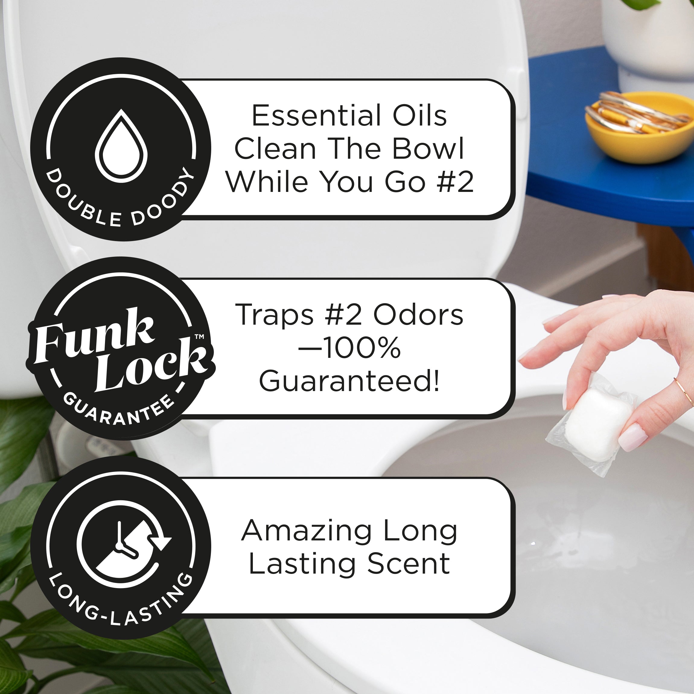 Essential oils clean the bowl while you go #2, traps #2 odors - 100% Guaranteed! Amazing long lasting scent.