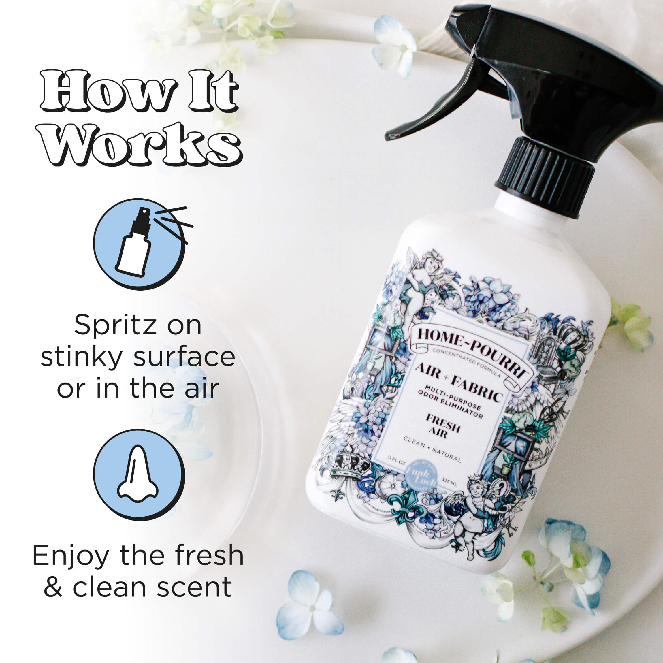 Home Pourri Air + Fabric spray bottle on a white surface with flower accents and illustrated instructions showing how to use it.