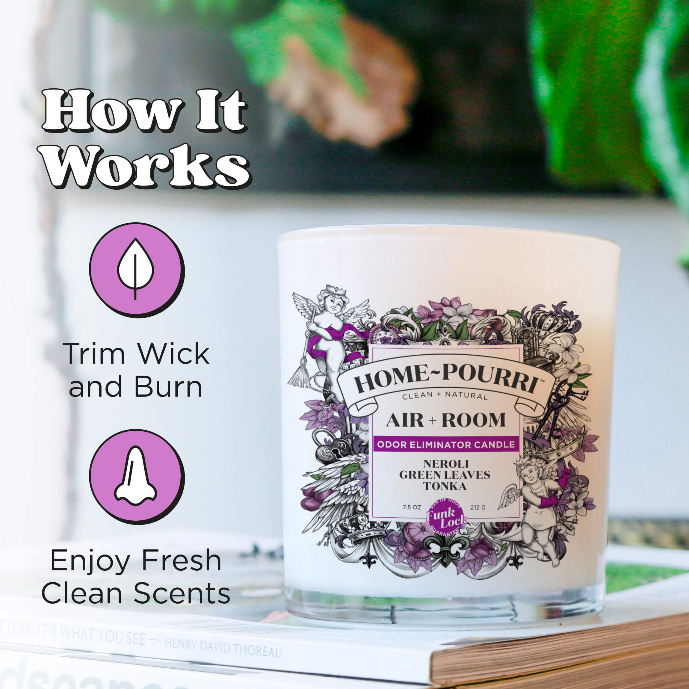 HOME~Pourri Air + Room Odor  Candle in Neroli, Green Leaves & Tonka on a book stack. Instructions read: “Trim Wick and Burn” and “Enjoy Fresh Clean Scents” with icons illustrating each step.