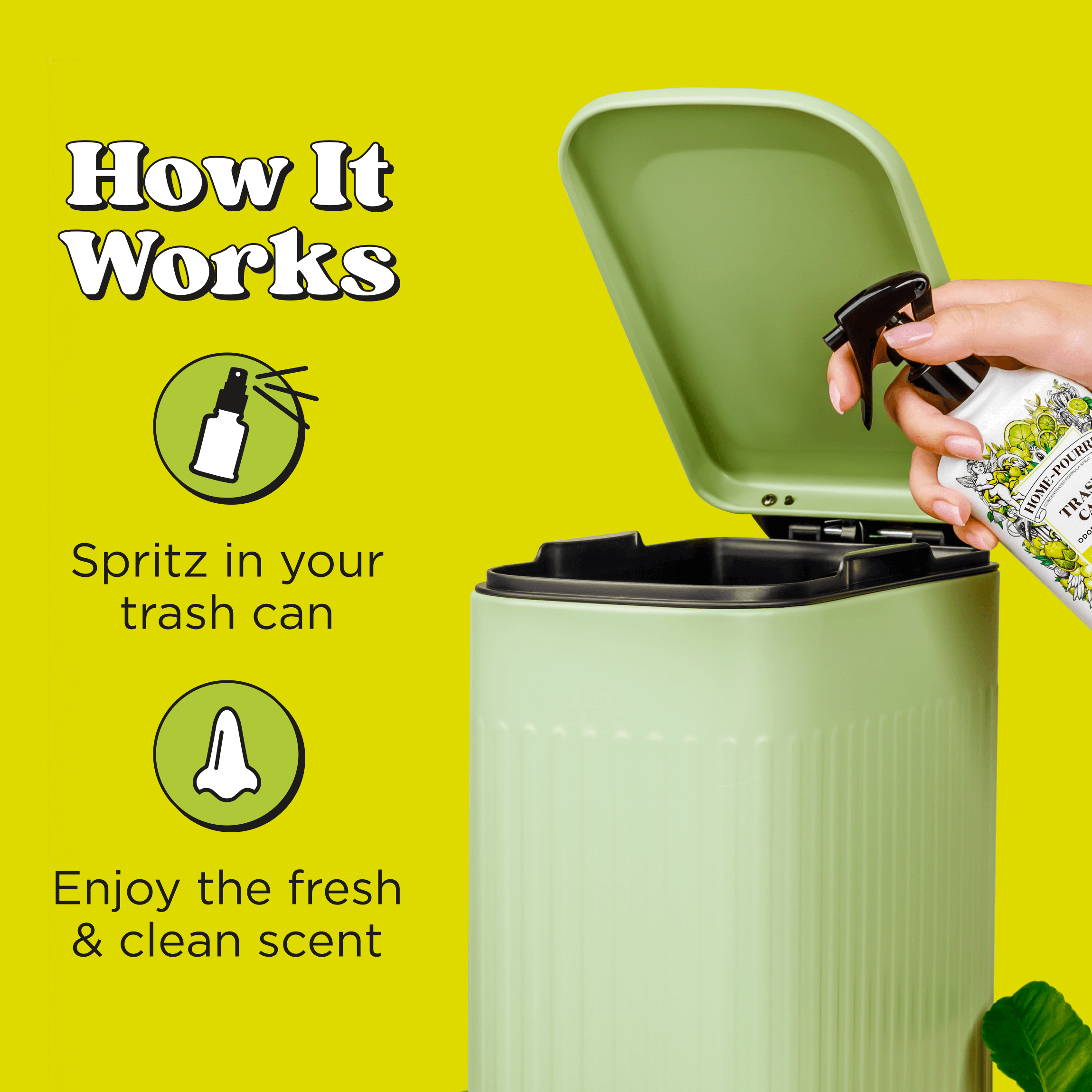Home Pourri Air + Fabric spray bottle on a green surface with accents and illustrated instructions showing how to use it.