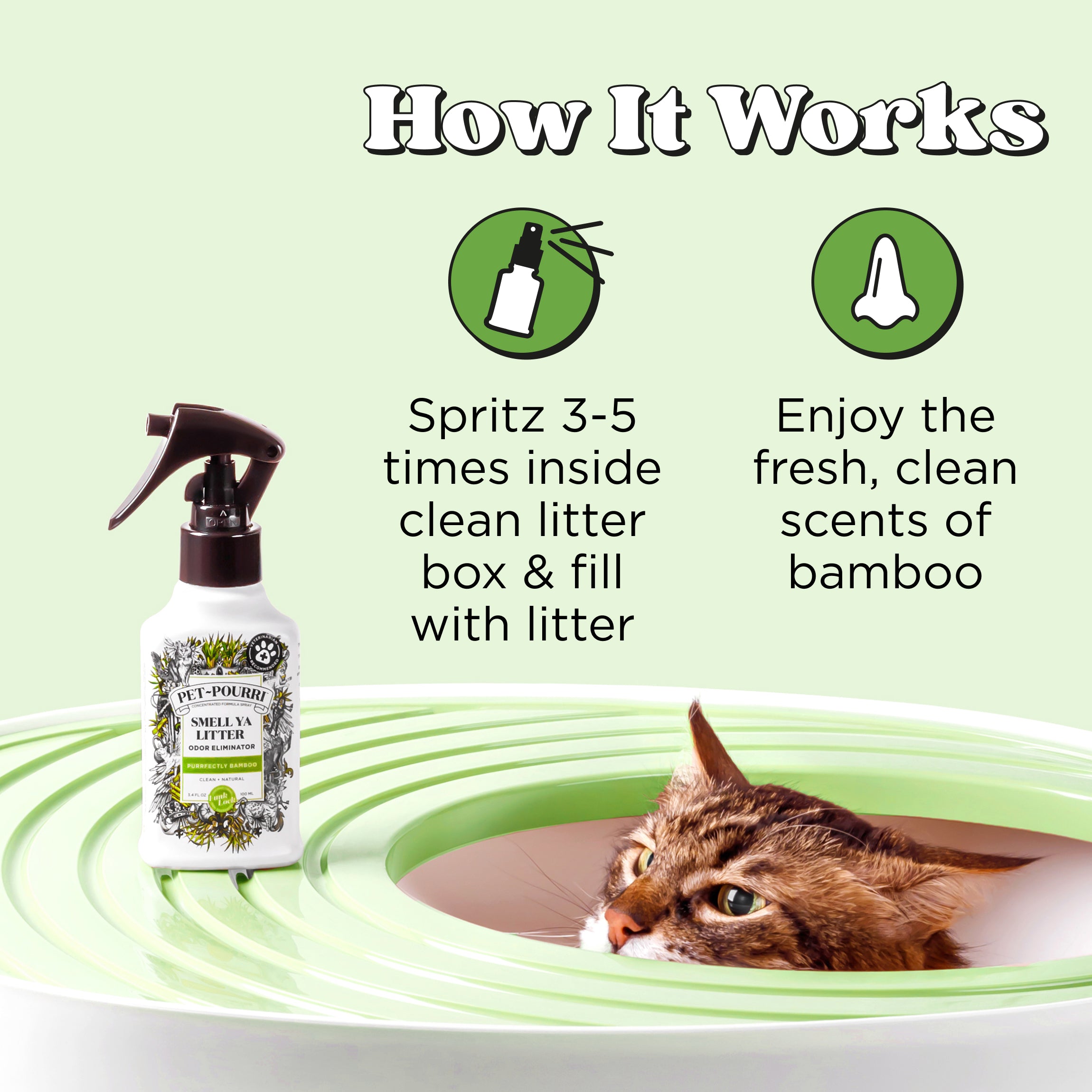 How it works: Spritz 3-5 times inside clean litter box & fill with litter, enjoy the fresh, clean scents of bamboo.