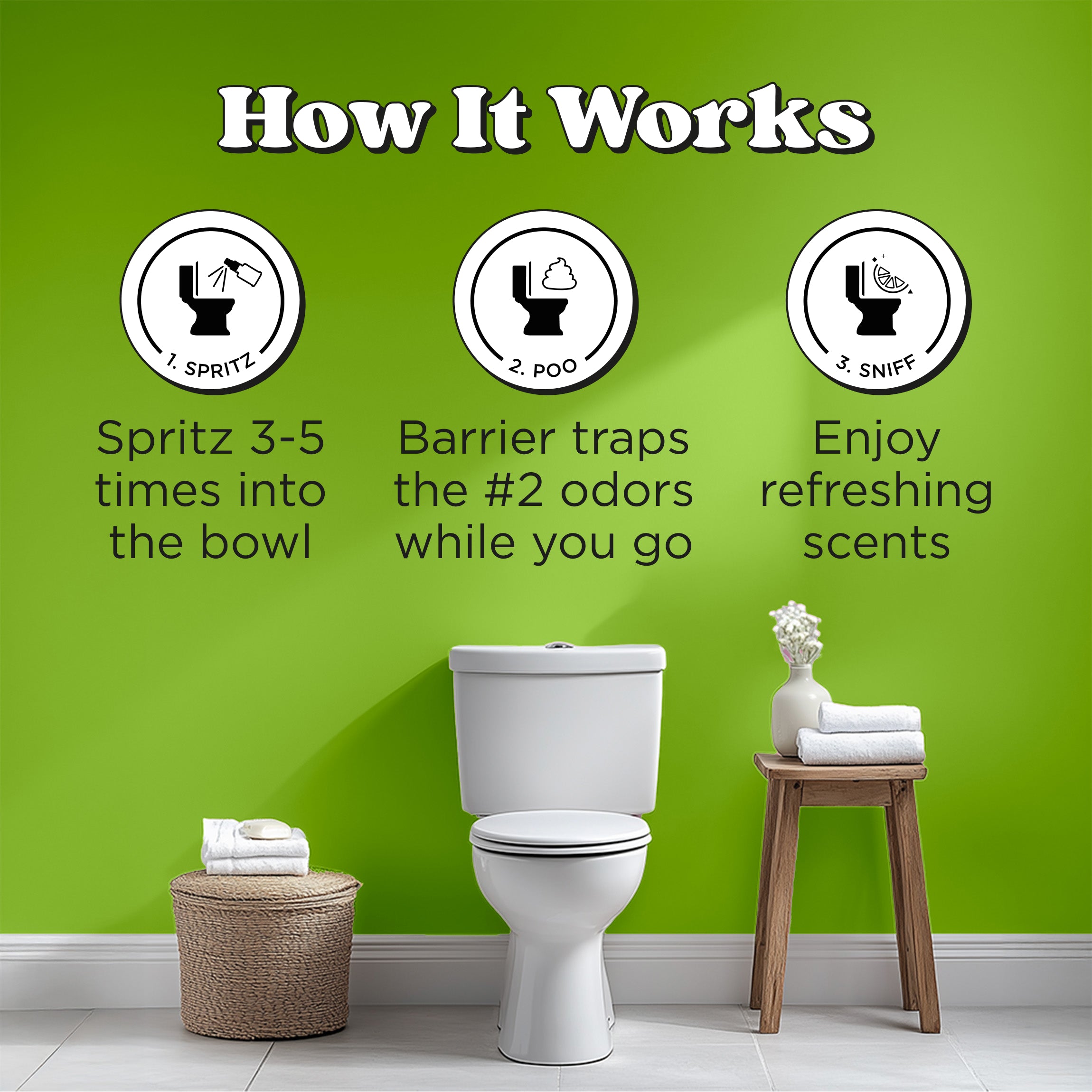 How it works: Spritz 3-5 times into the bowl, barrier traps the #2 odors while you go, enjoy refreshing scents.