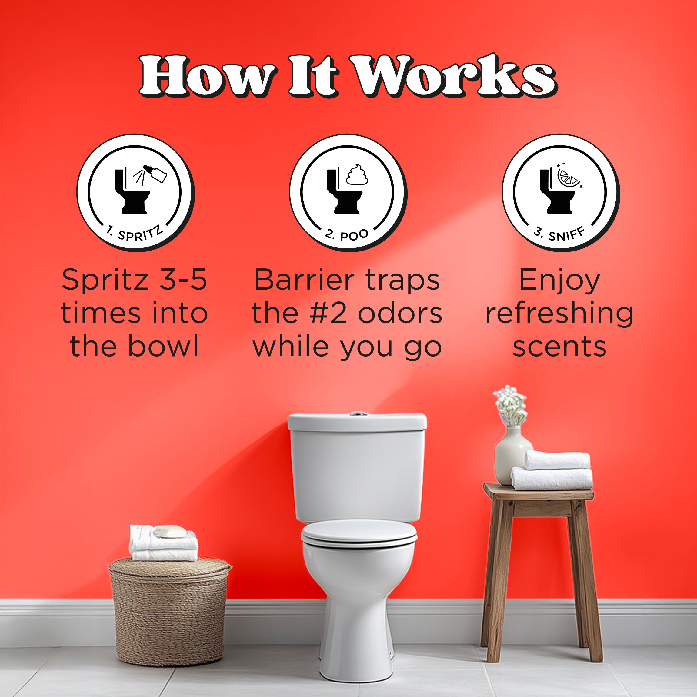 How it works: Spritz 3-5 times into the bowl, barrier traps the #2 odors while you go, enjoy refreshing scents.