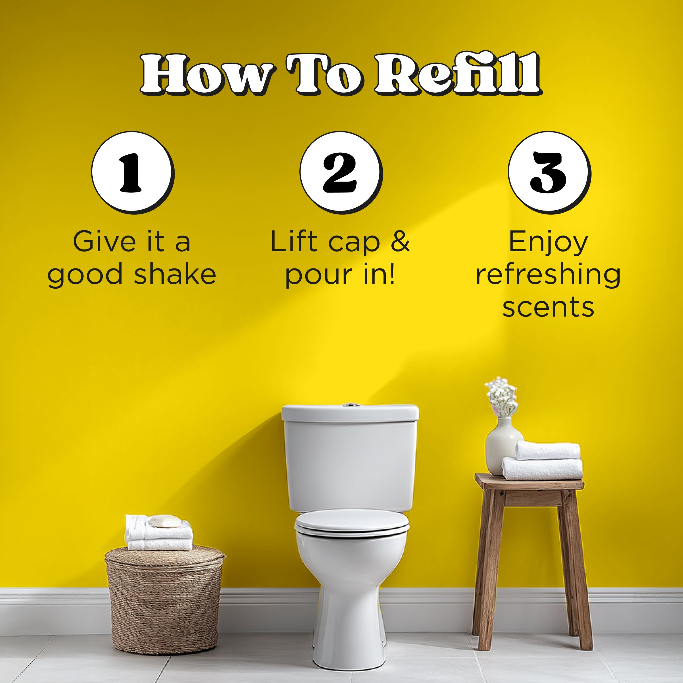 How to refill: Give it a good shake, lift cap & pour in! Enjoy refreshing scents.