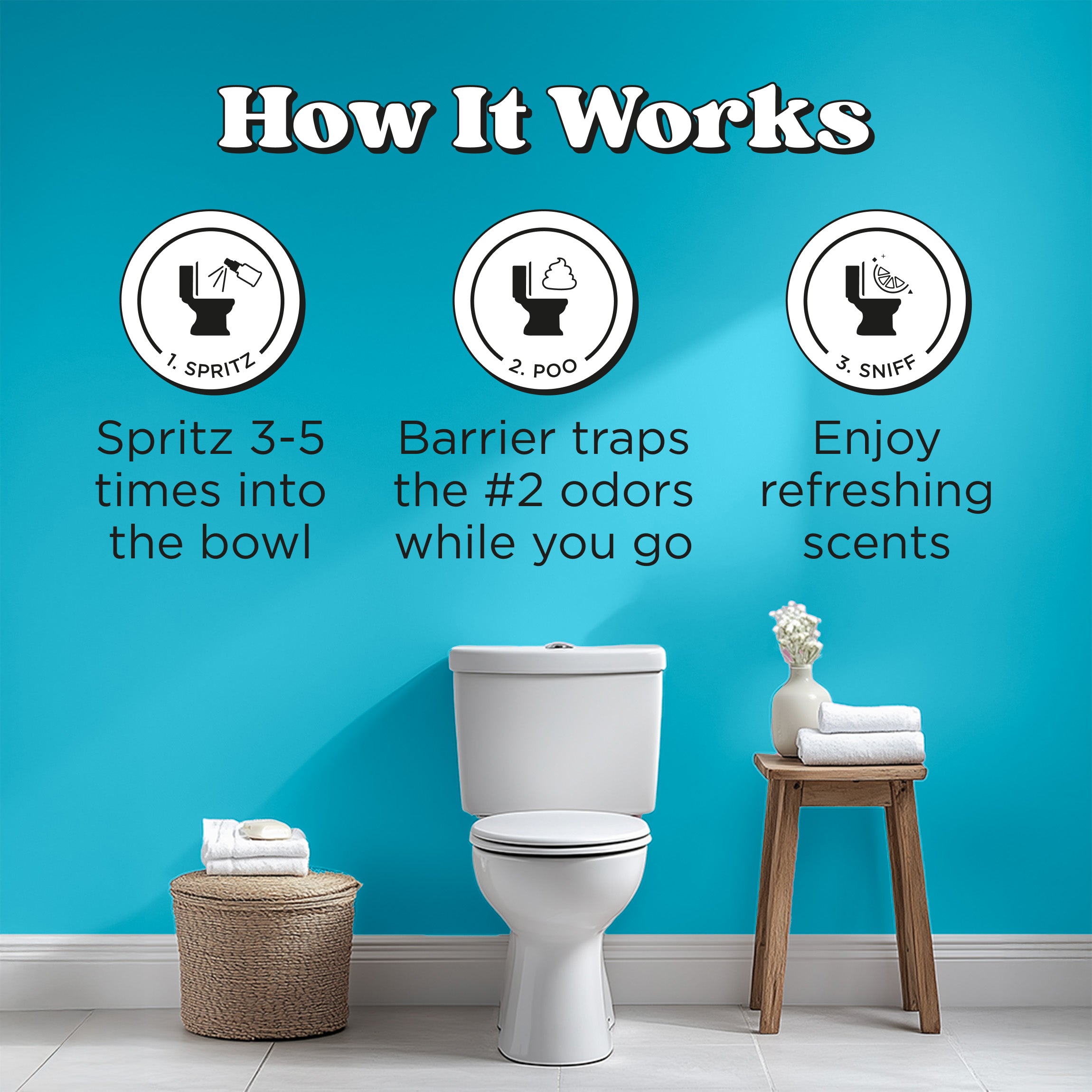 How it works: Spritz 3-5 times into the bowl, barrier traps the #2 odors while you go, enjoy refreshing scents.
