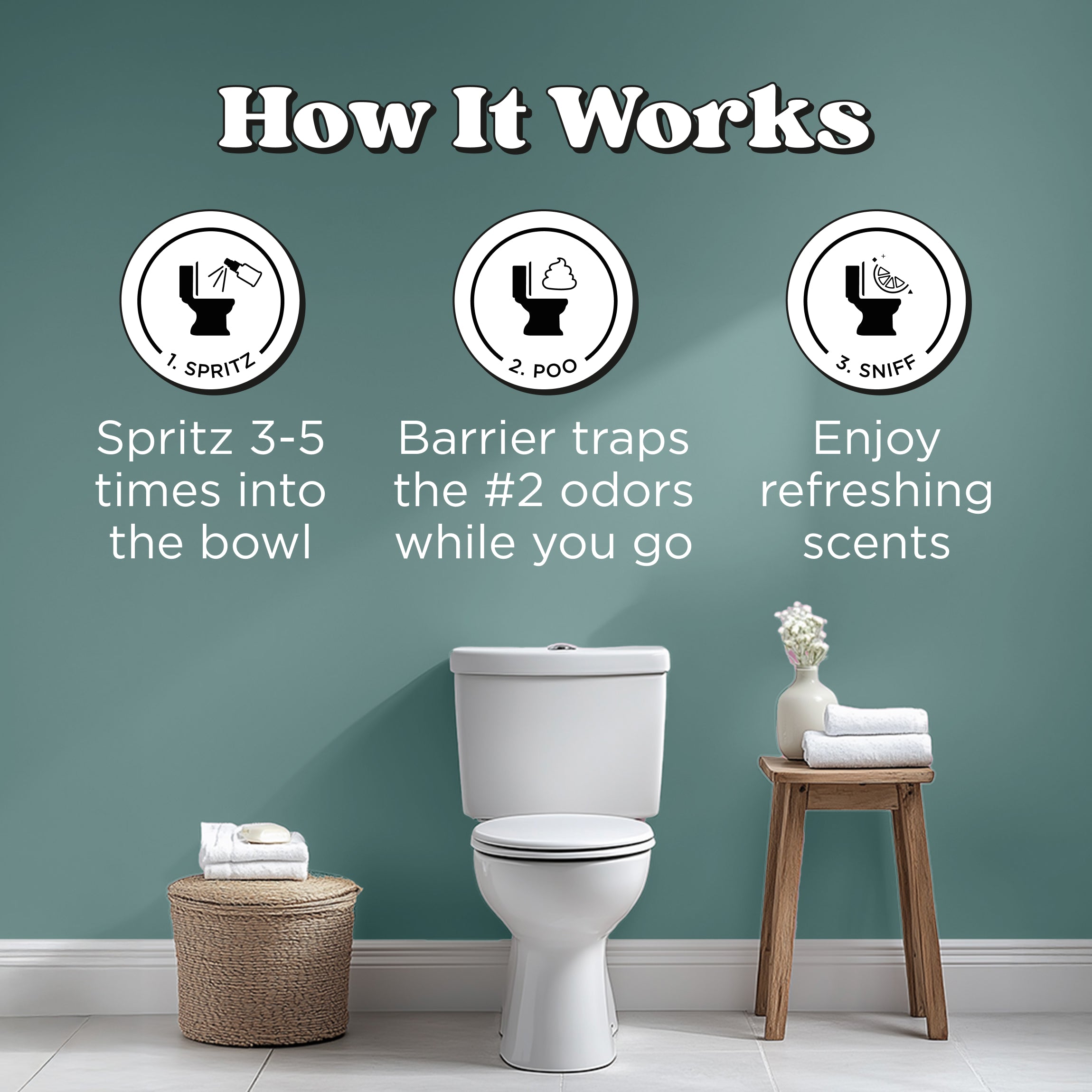 How it works: Spritz 3-5 times into the bowl, barrier traps the #2 odors while you go, enjoy refreshing scents.