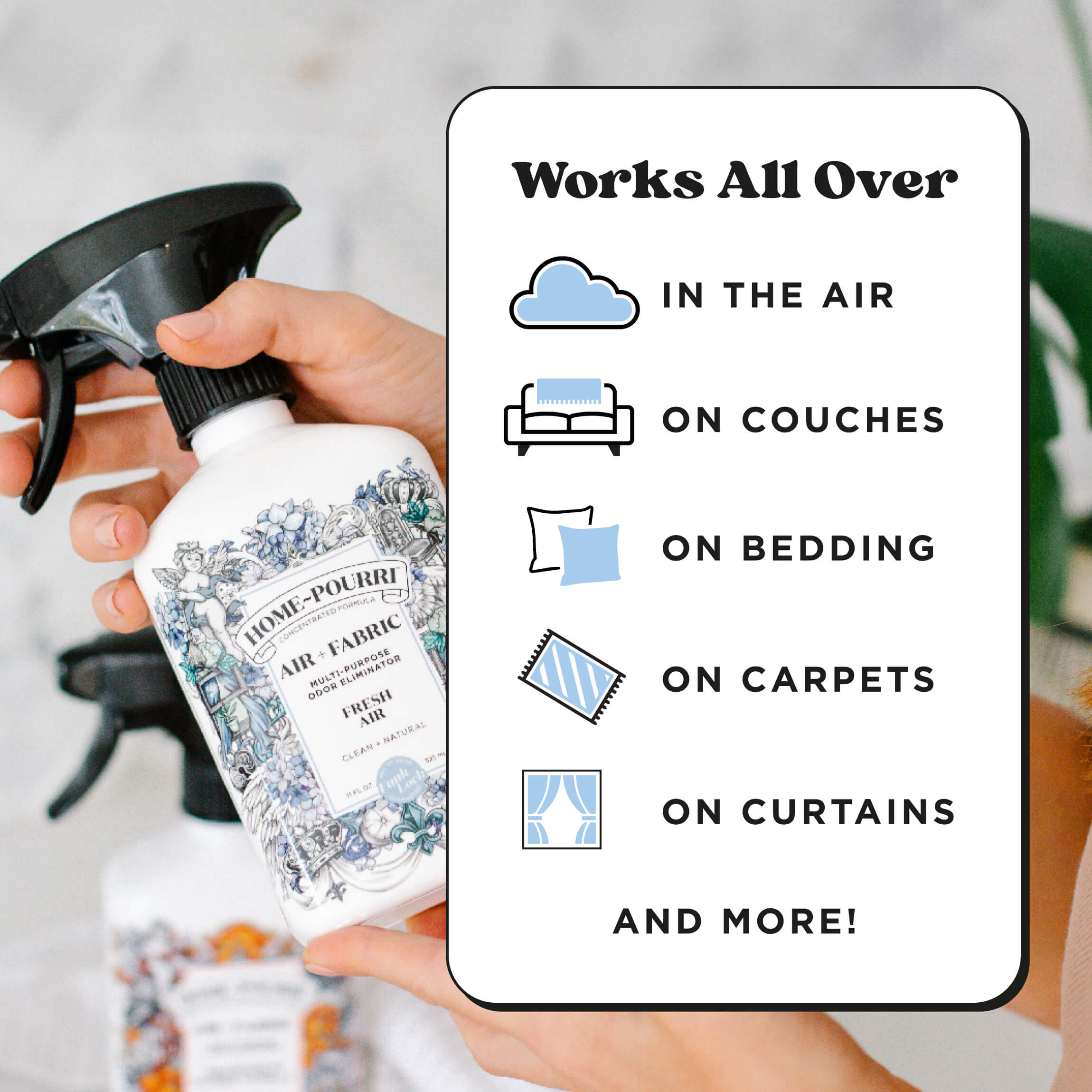 Person holding Home Pourri spray bottle with illustrated guide showing it works on air, couches, bedding, carpets, and curtains.