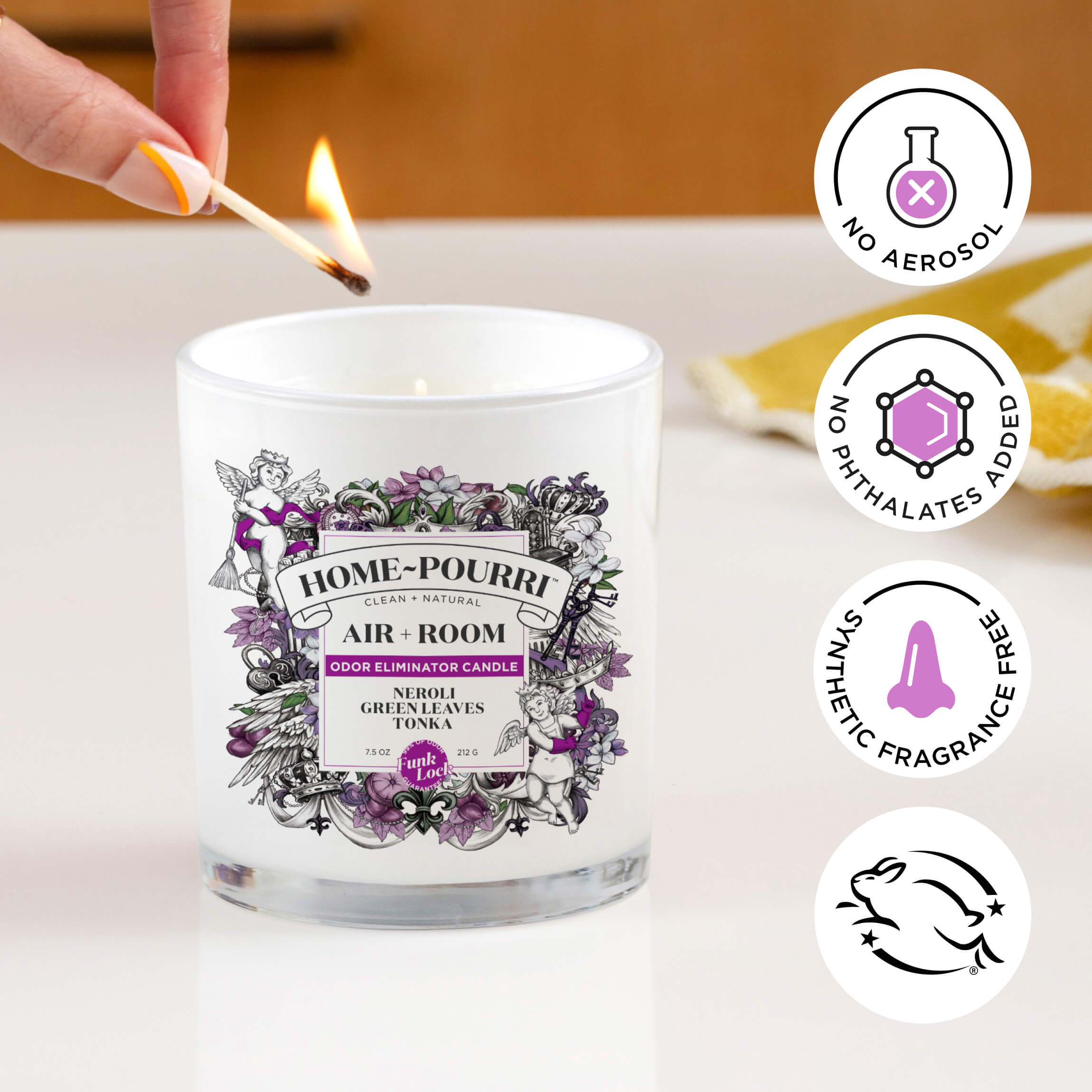 Home~Pourri Neroli Green Leaves Tonka Candle with icons highlighting no aerosol, no phthalates, synthetic fragrance-free, and cruelty-free benefits.