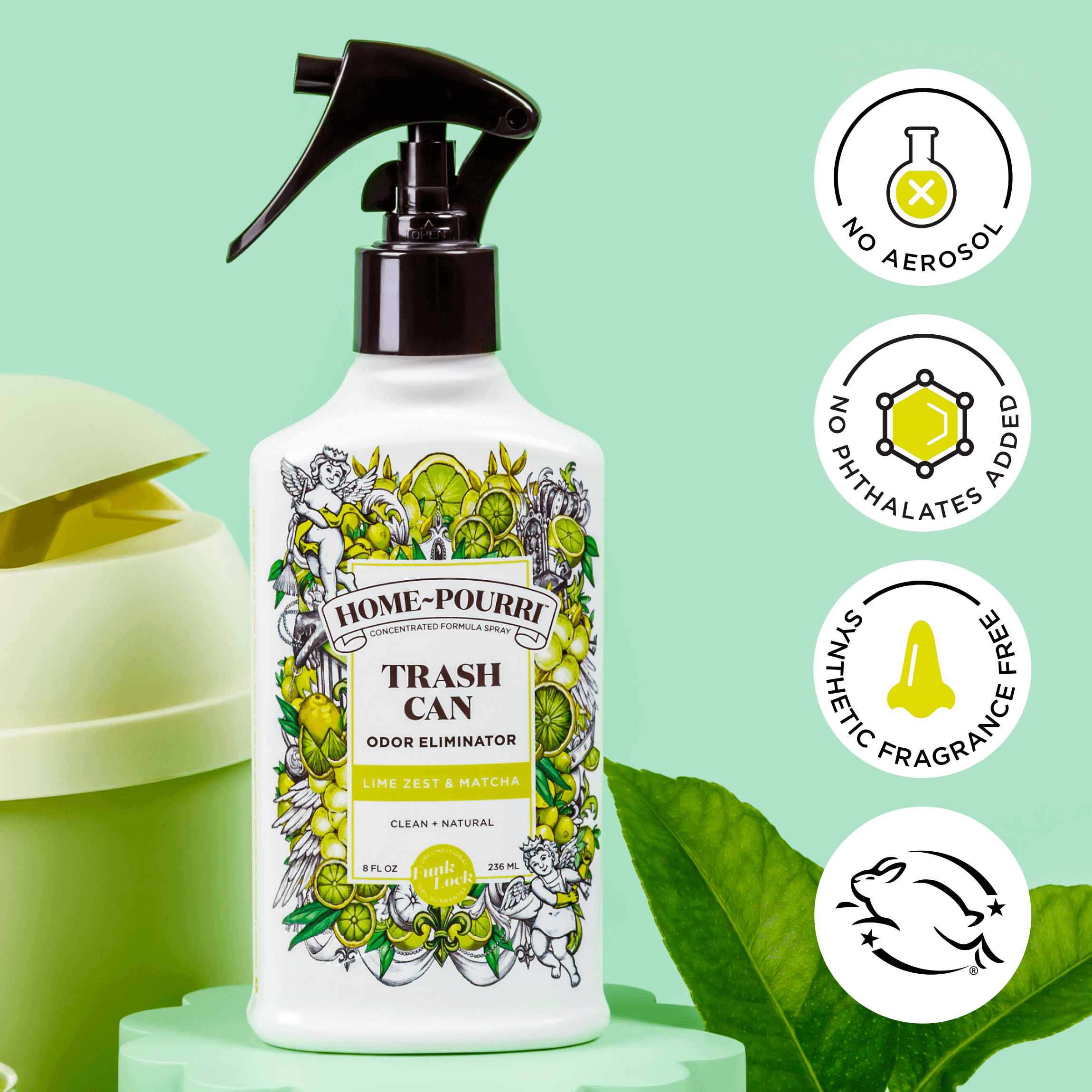 Home~Pourri Lime Zest & Matcha spray with icons highlighting no aerosol, no phthalates, synthetic fragrance-free, and cruelty-free benefits.