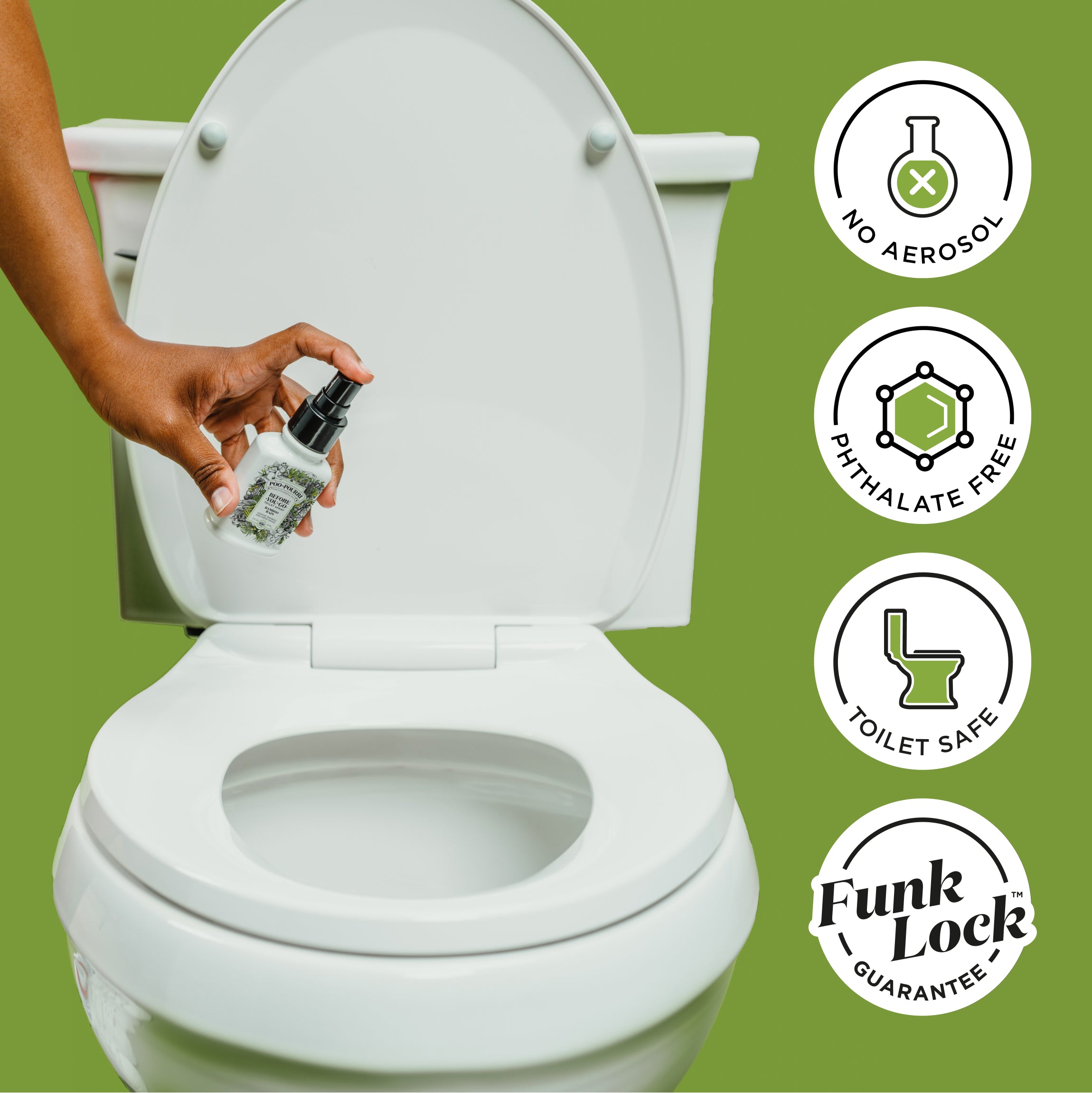 No aerosol, phthalate free, toilet safe, funk lock guarantee.