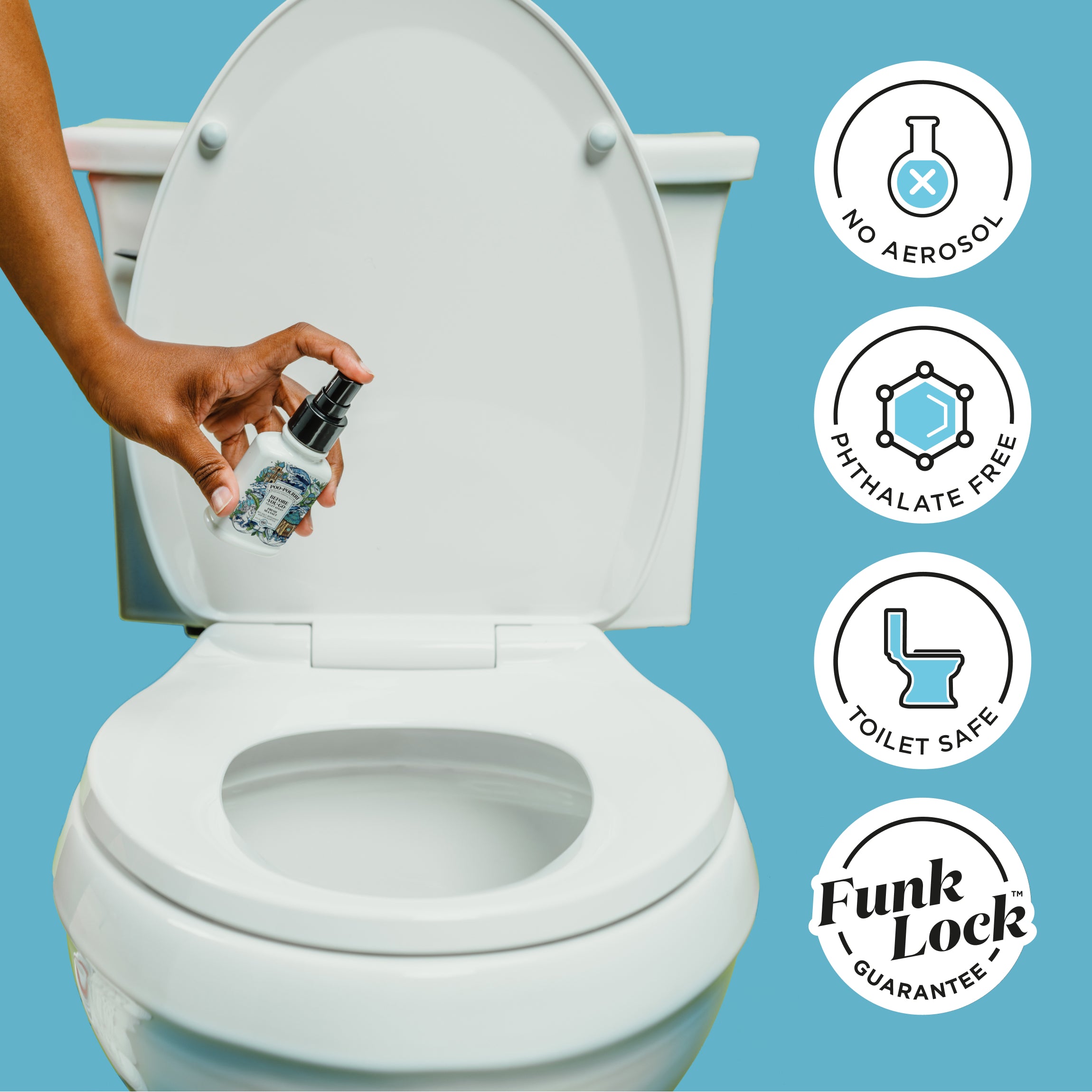 No aerosol, phthalate free, toilet safe, funk lock guarantee.