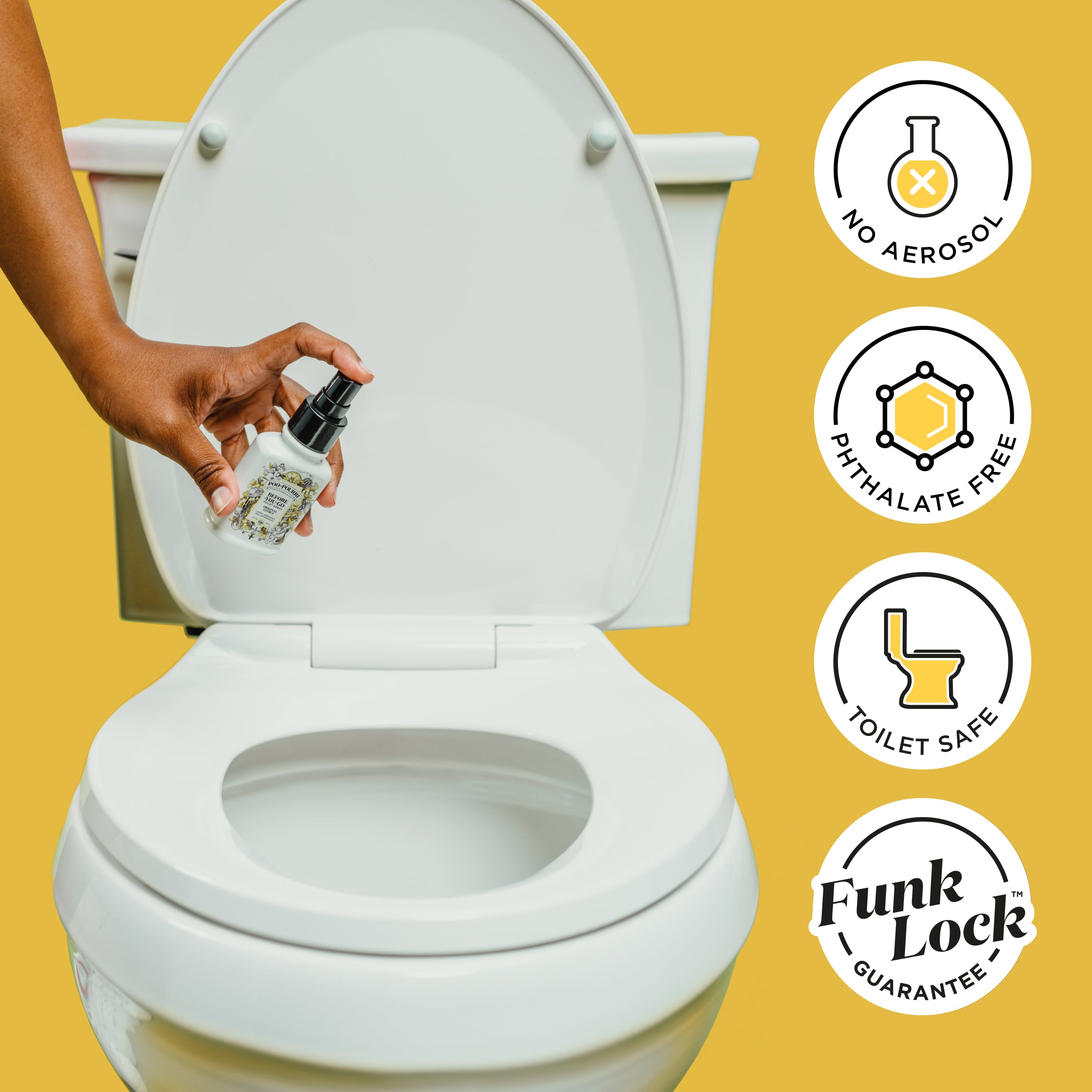 No aerosol, phthalate free, toilet safe, funk lock guarantee.