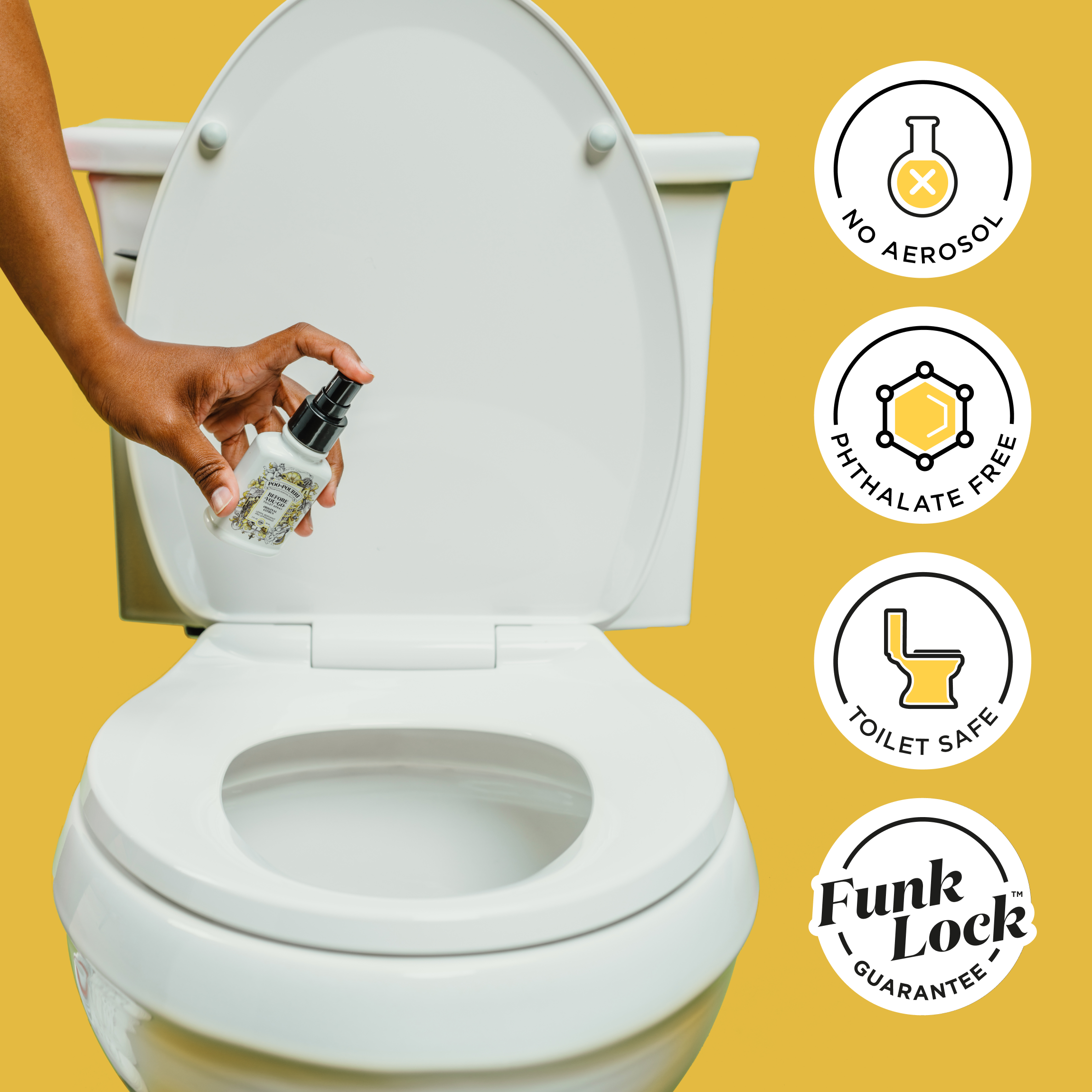 No aerosol, phthalate free, toilet safe, funk lock guarantee.