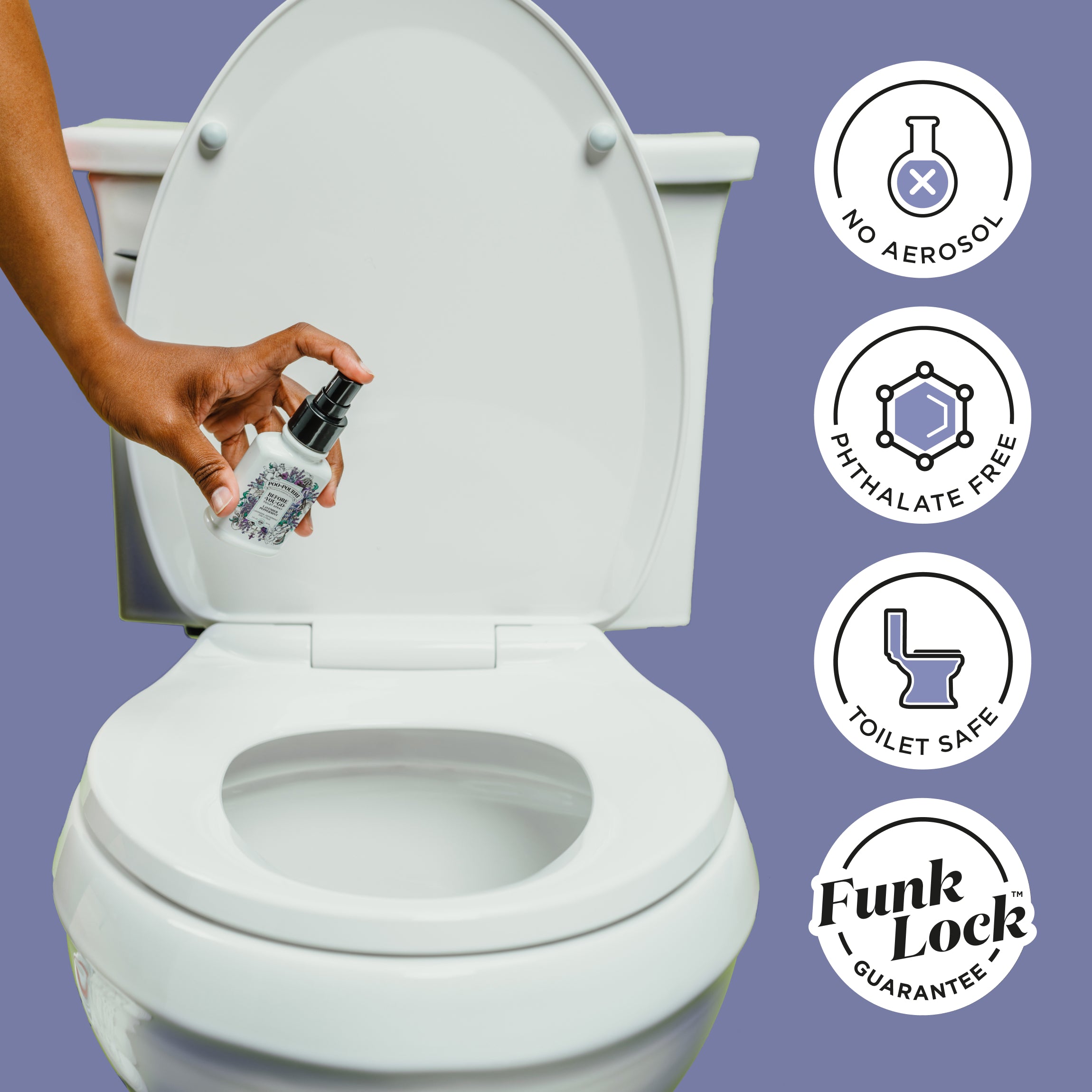 No aerosol, phthalate free, toilet safe, funk lock guarantee.