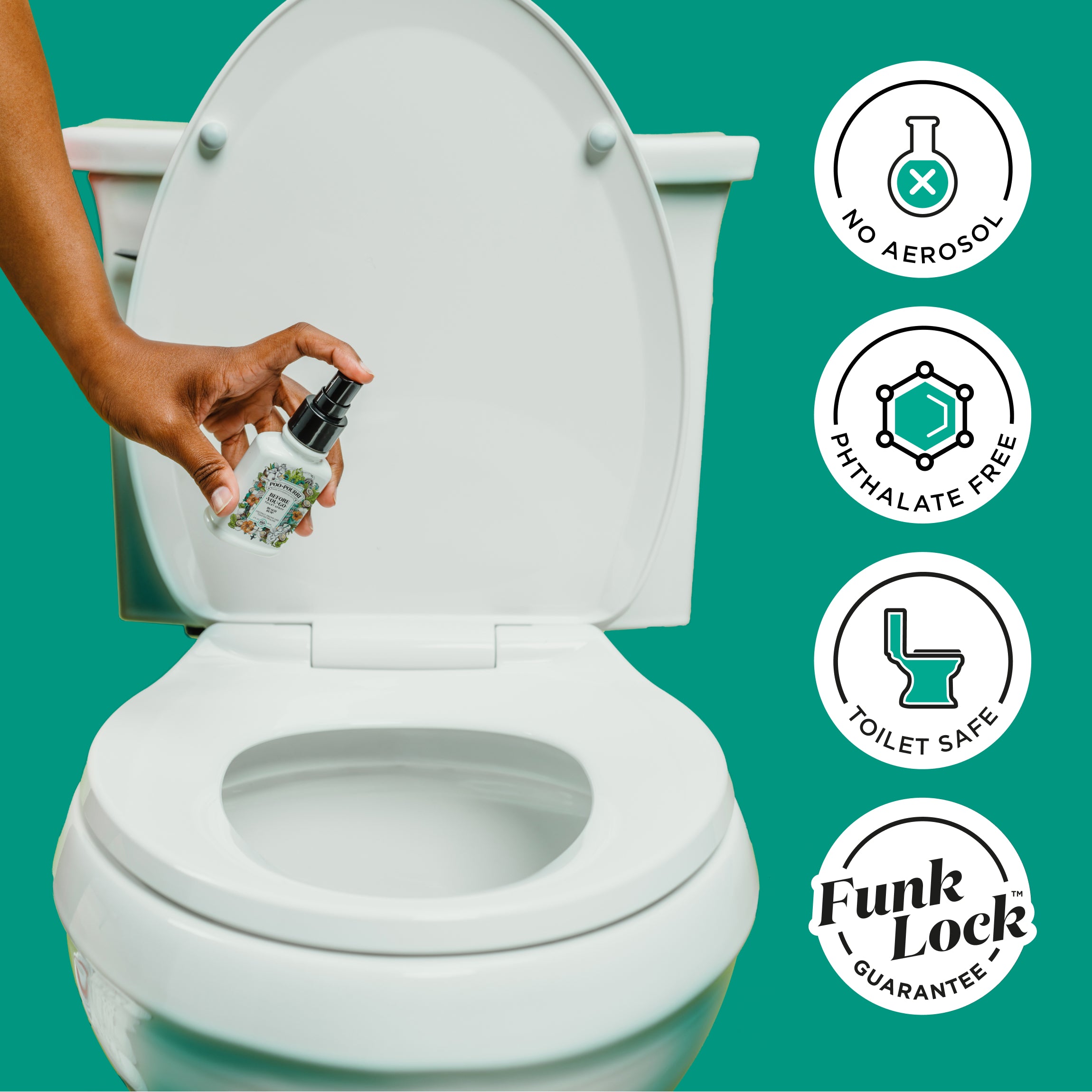 No aerosol, phthalate free, toilet safe, funk lock guarantee.